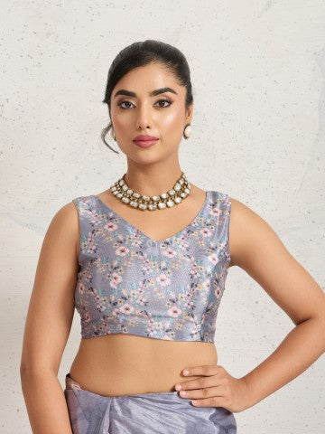 Grey Color Floral Printed Satin Party Wear Saree