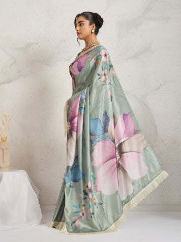 Green Floral Printed Satin Party Wear Designer Saree