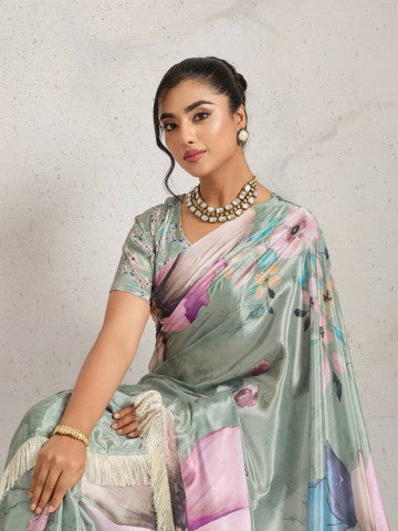 Green Floral Printed Satin Party Wear Designer Saree