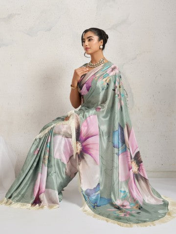Green Floral Printed Satin Party Wear Designer Saree