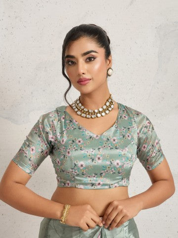 Green Floral Printed Satin Party Wear Designer Saree