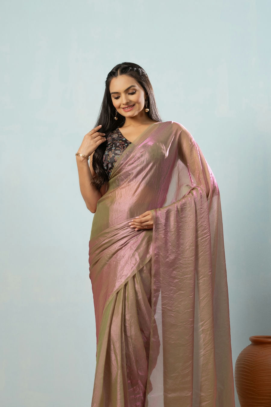 Lustrous Tissue Silk Solid Ready to Wear Peach Saree with Printed Blouse
