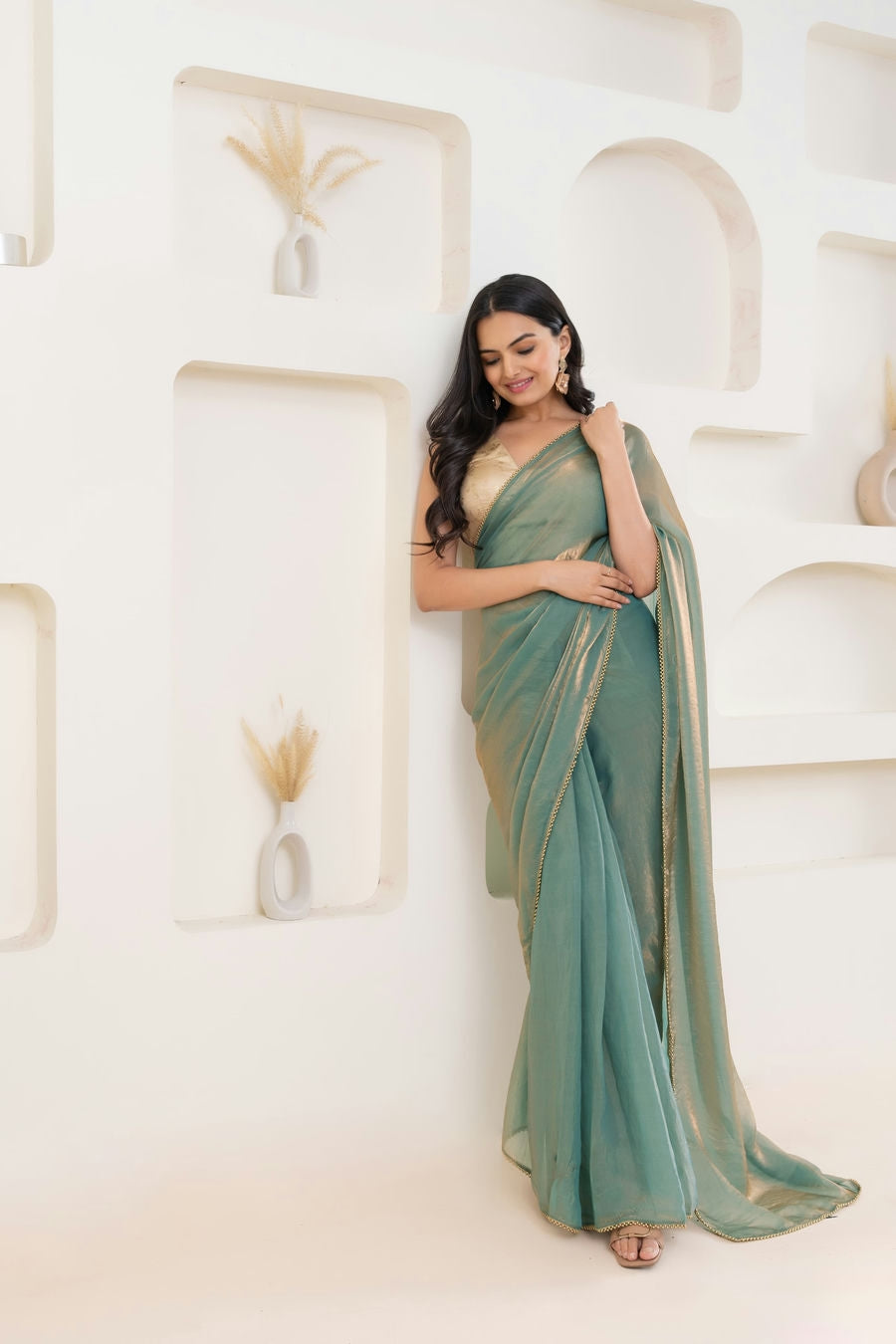 Lustrous Tissue Silk Solid Ready to Wear Green Saree with Printed Blouse