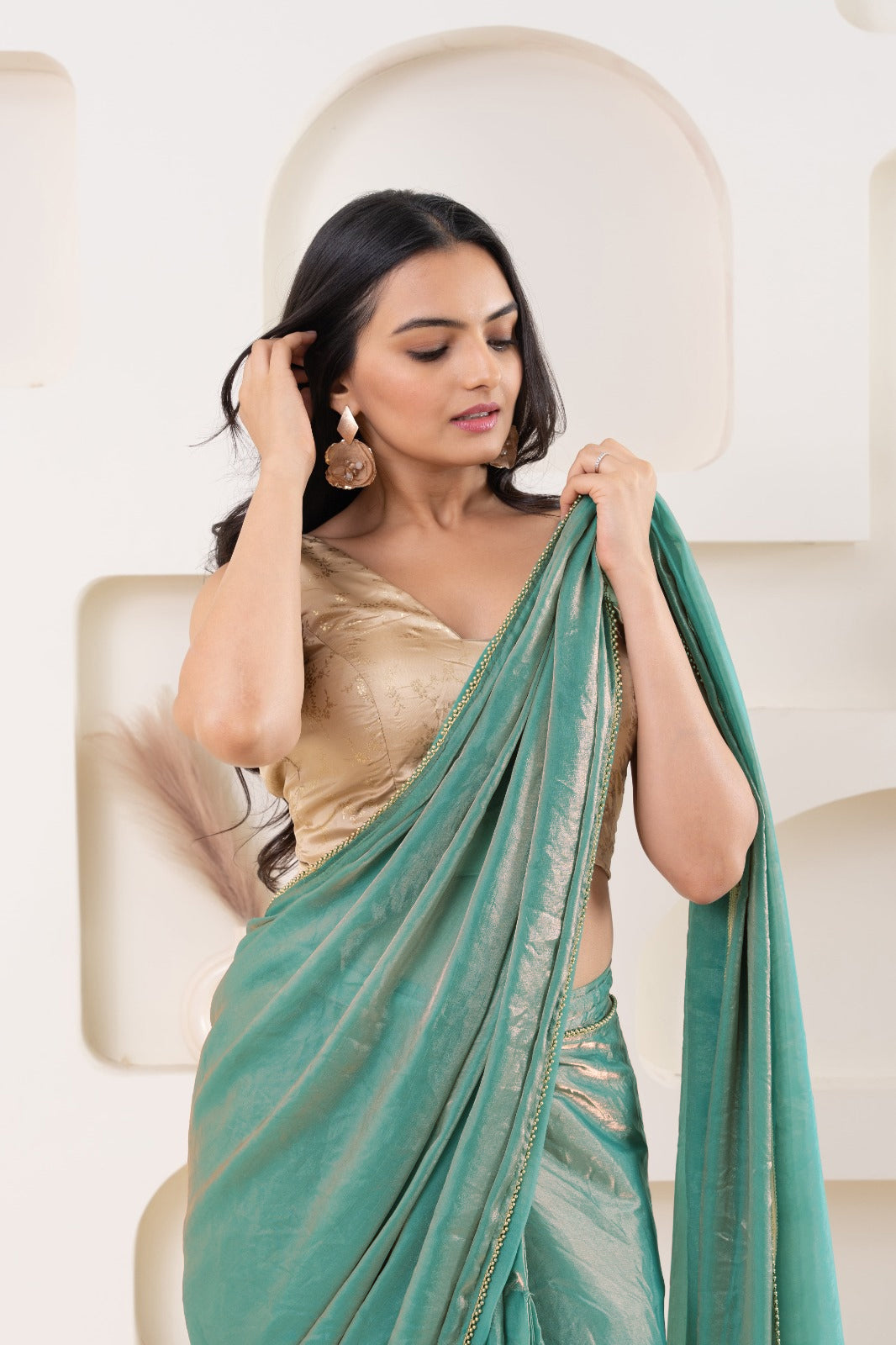 Lustrous Tissue Silk Solid Ready to Wear Green Saree with Printed Blouse