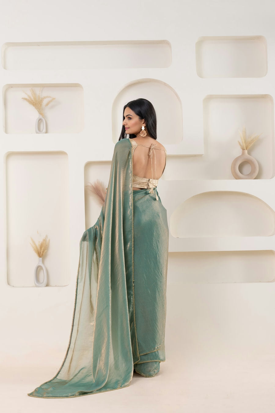 Lustrous Tissue Silk Solid Ready to Wear Green Saree with Printed Blouse