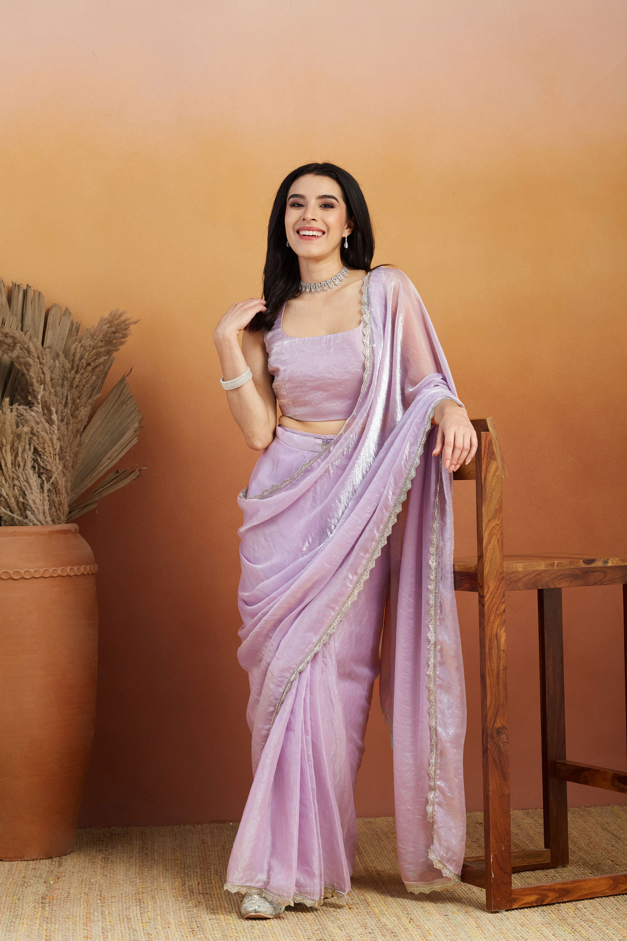 Embellished Cutwork Lace Glass Purple Tissue Saree