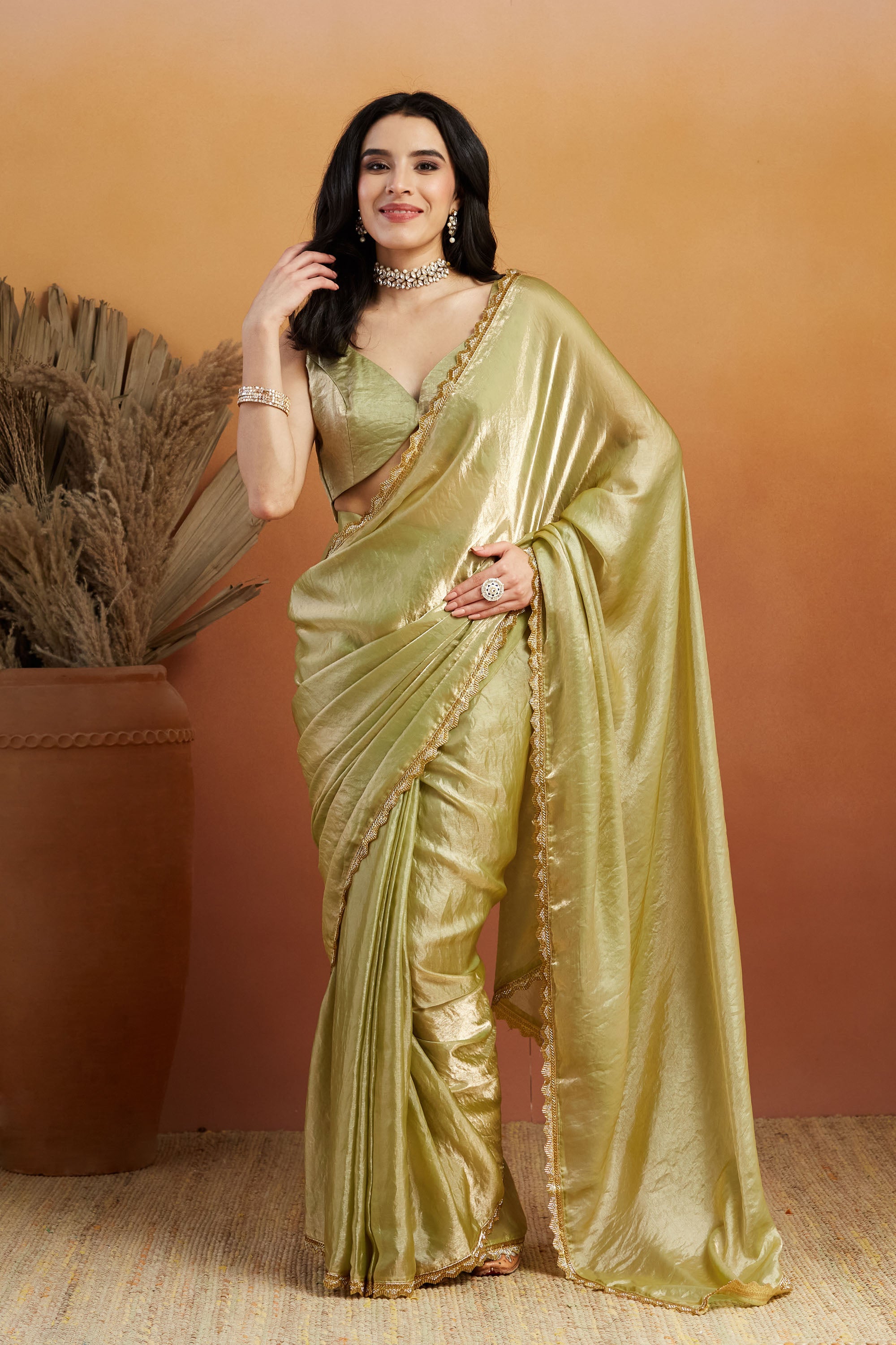 Embellished Cutwork Lace Glass Green Tissue Saree