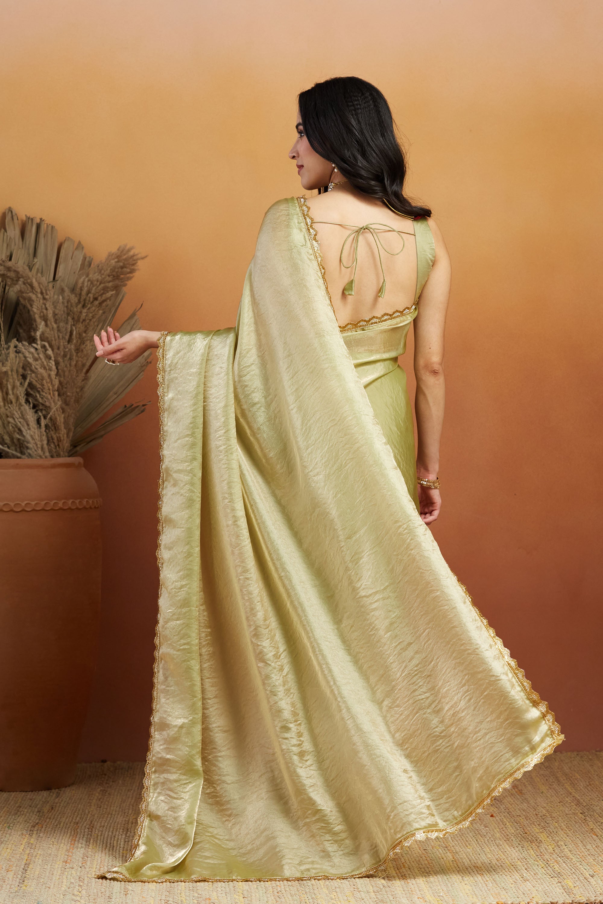 Embellished Cutwork Lace Glass Green Tissue Saree