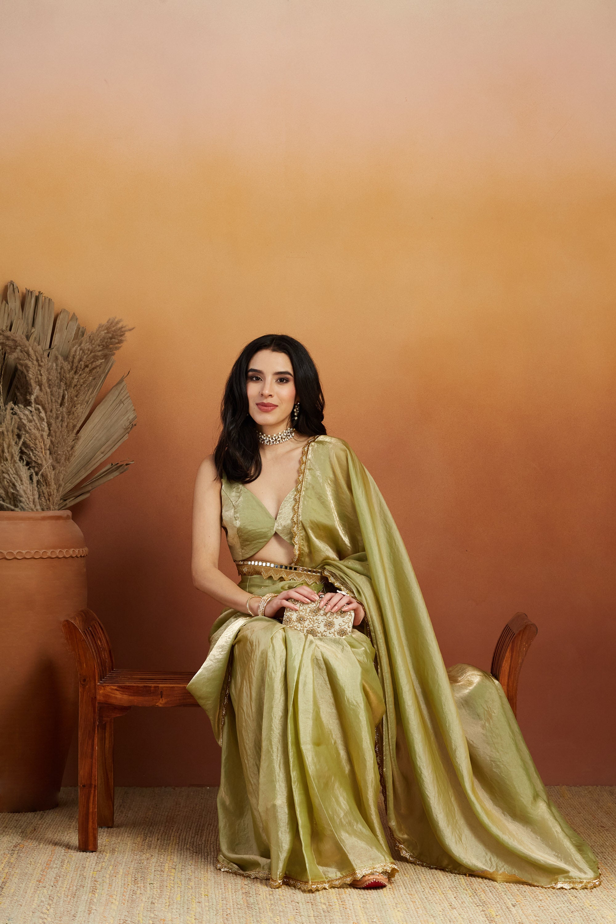 Embellished Cutwork Lace Glass Green Tissue Ready to Wear Saree