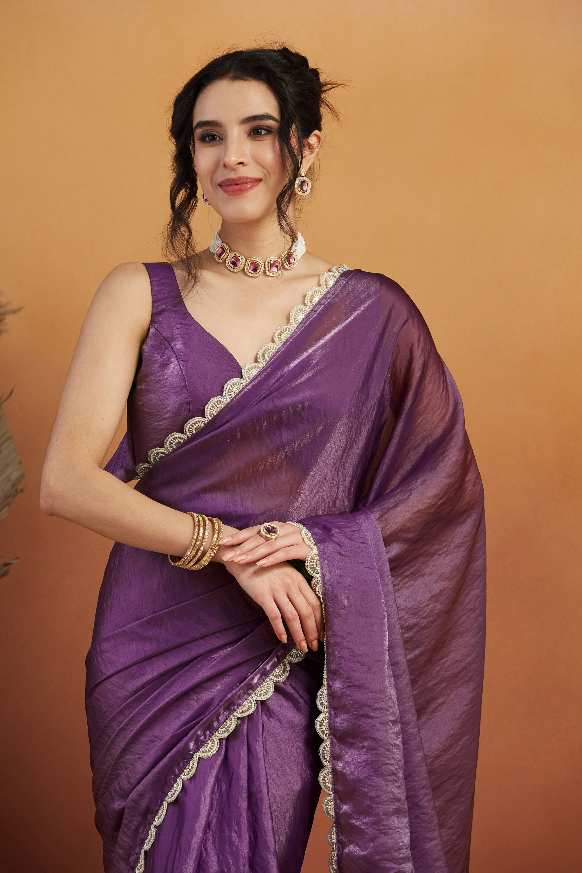 Handwork Lace Lavender Glass Tissue Ready to Wear Saree