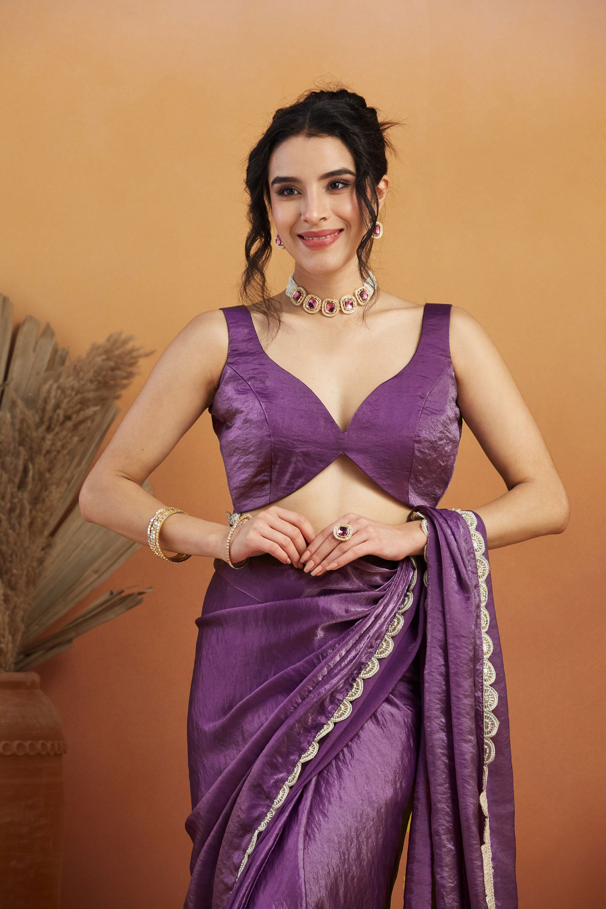 Handwork Lace Lavender Glass Tissue Ready to Wear Saree