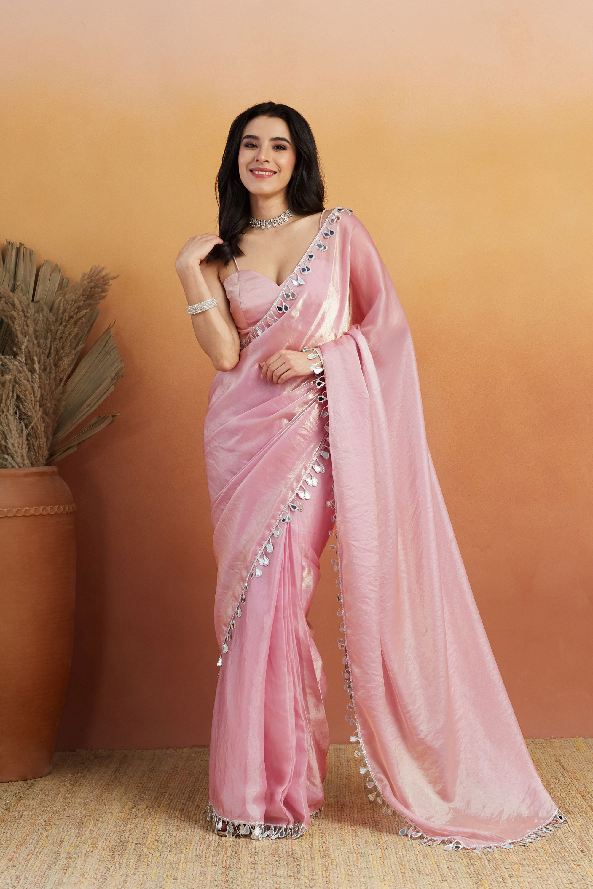 Mirror Work Lace Glass Chiffon Pink  Saree