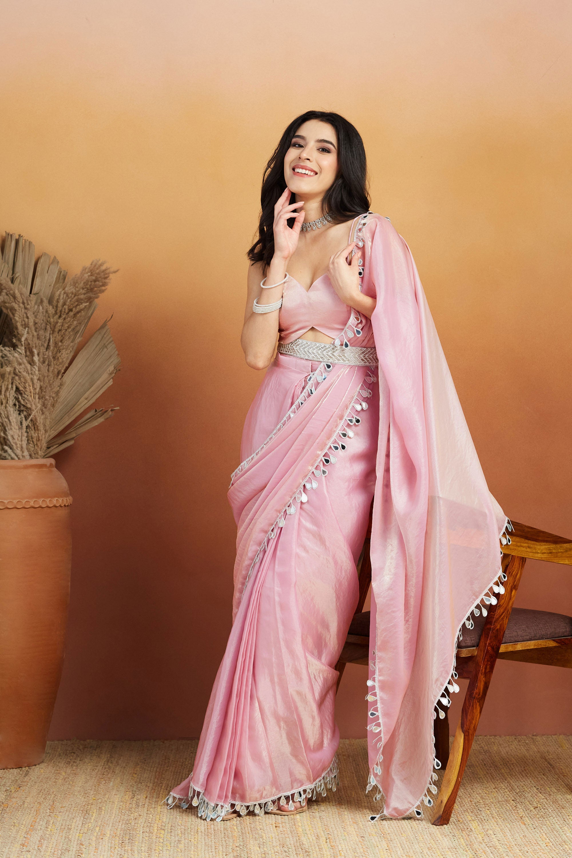 Mirror Work Lace Glass Chiffon Pink  Saree