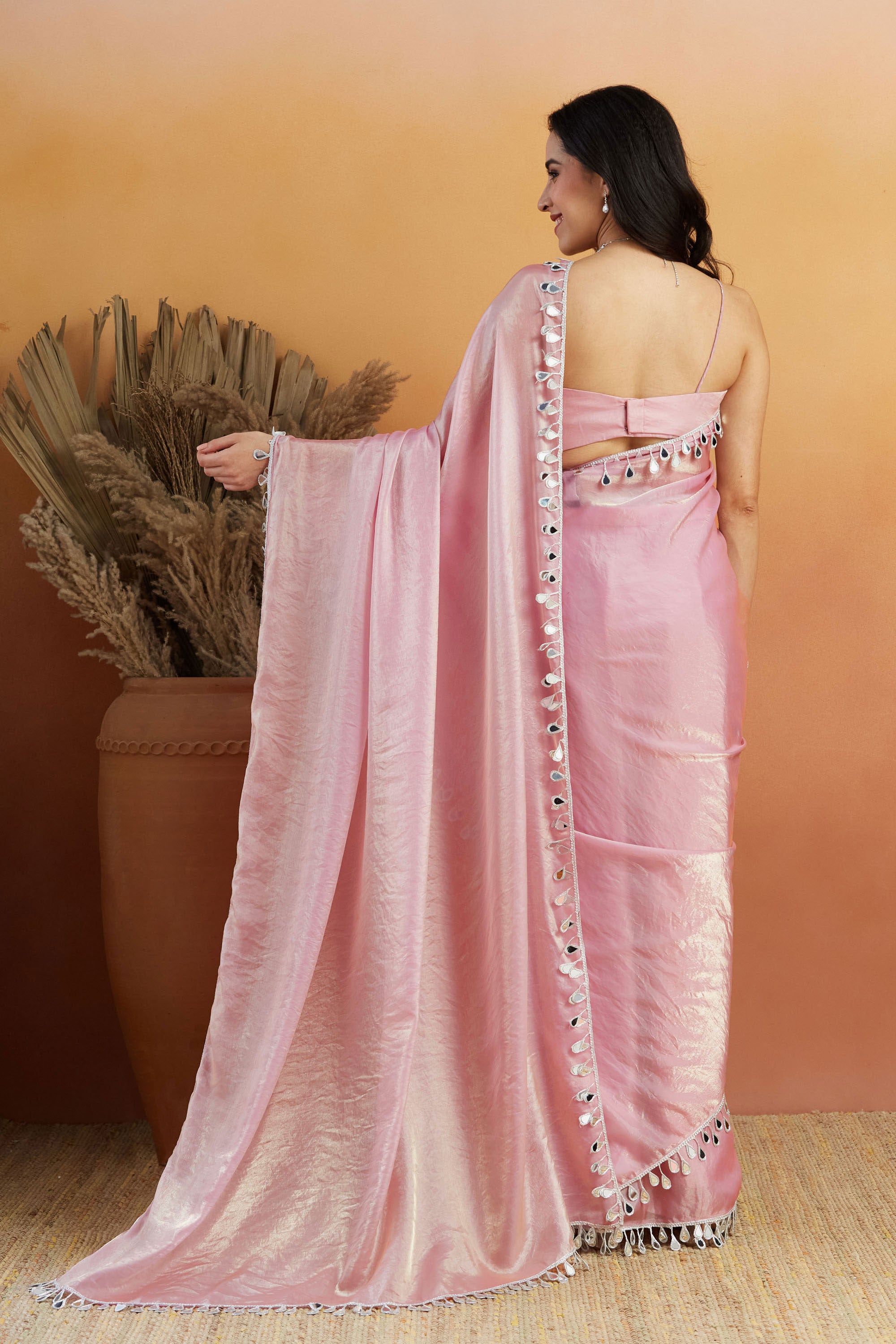 Mirror Work Lace Glass Chiffon Pink  Saree