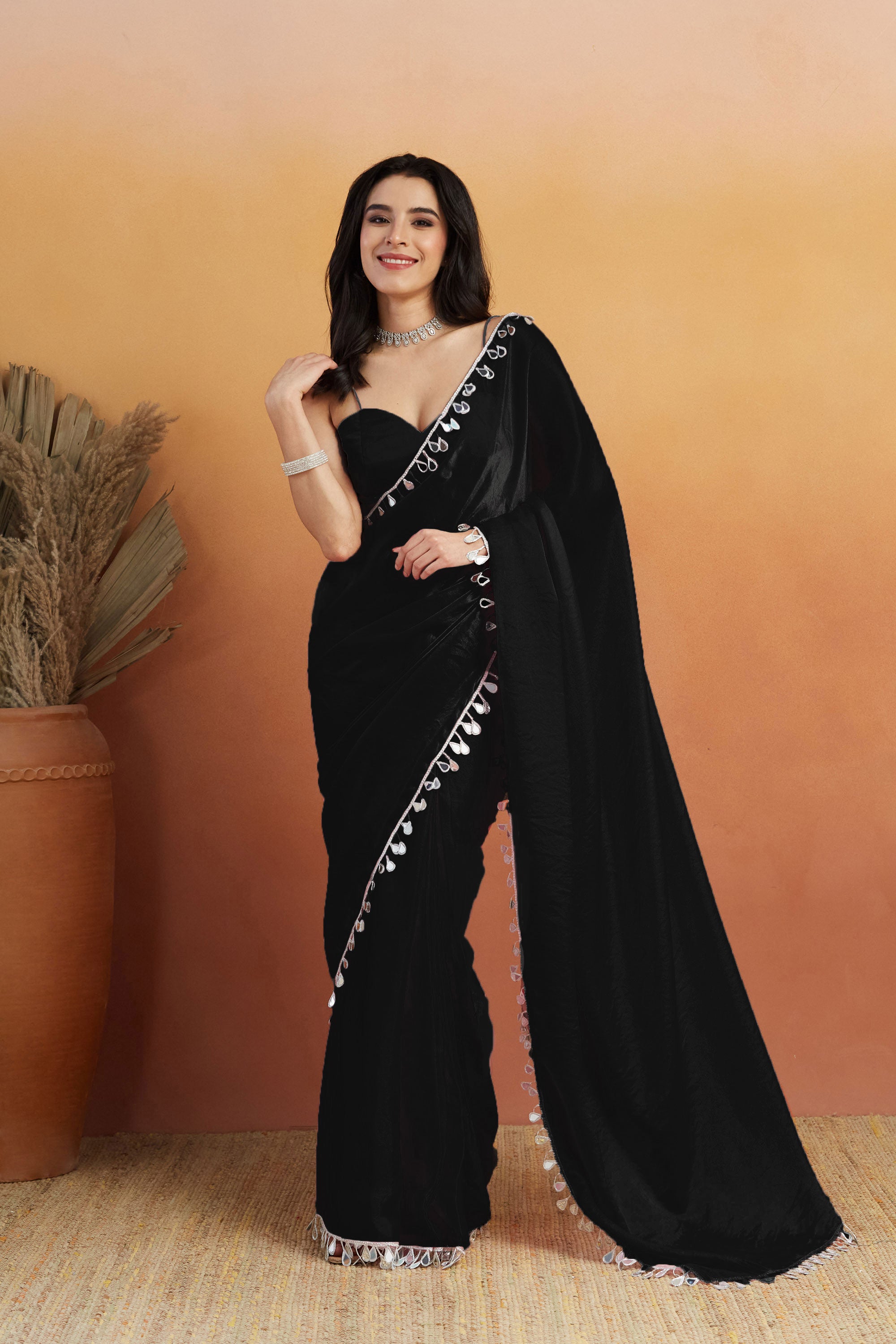 Black Designer Tissue Saree with Sequins Work