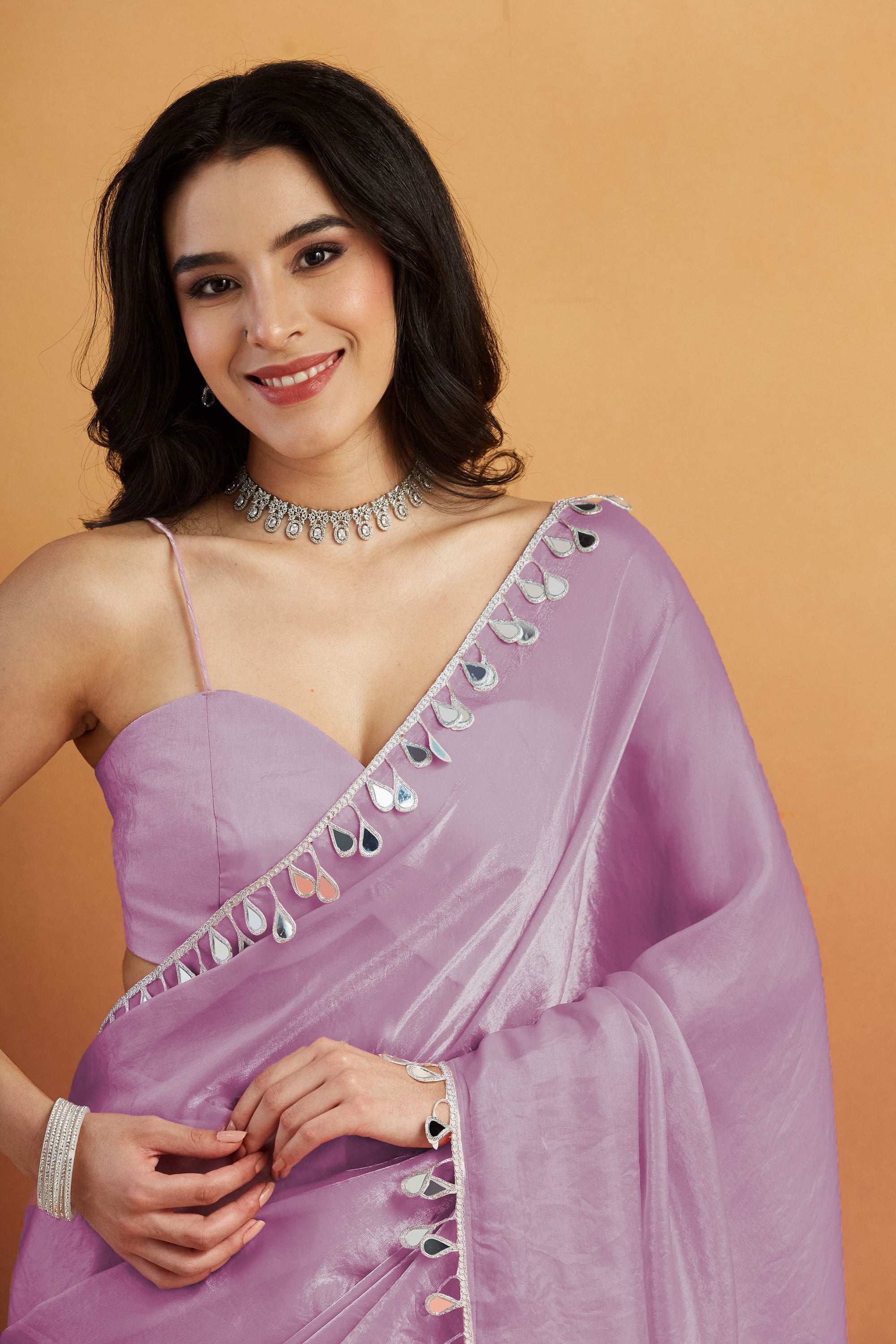 Lavender Designer Tissue Ready To Wear Saree with Mirror Work