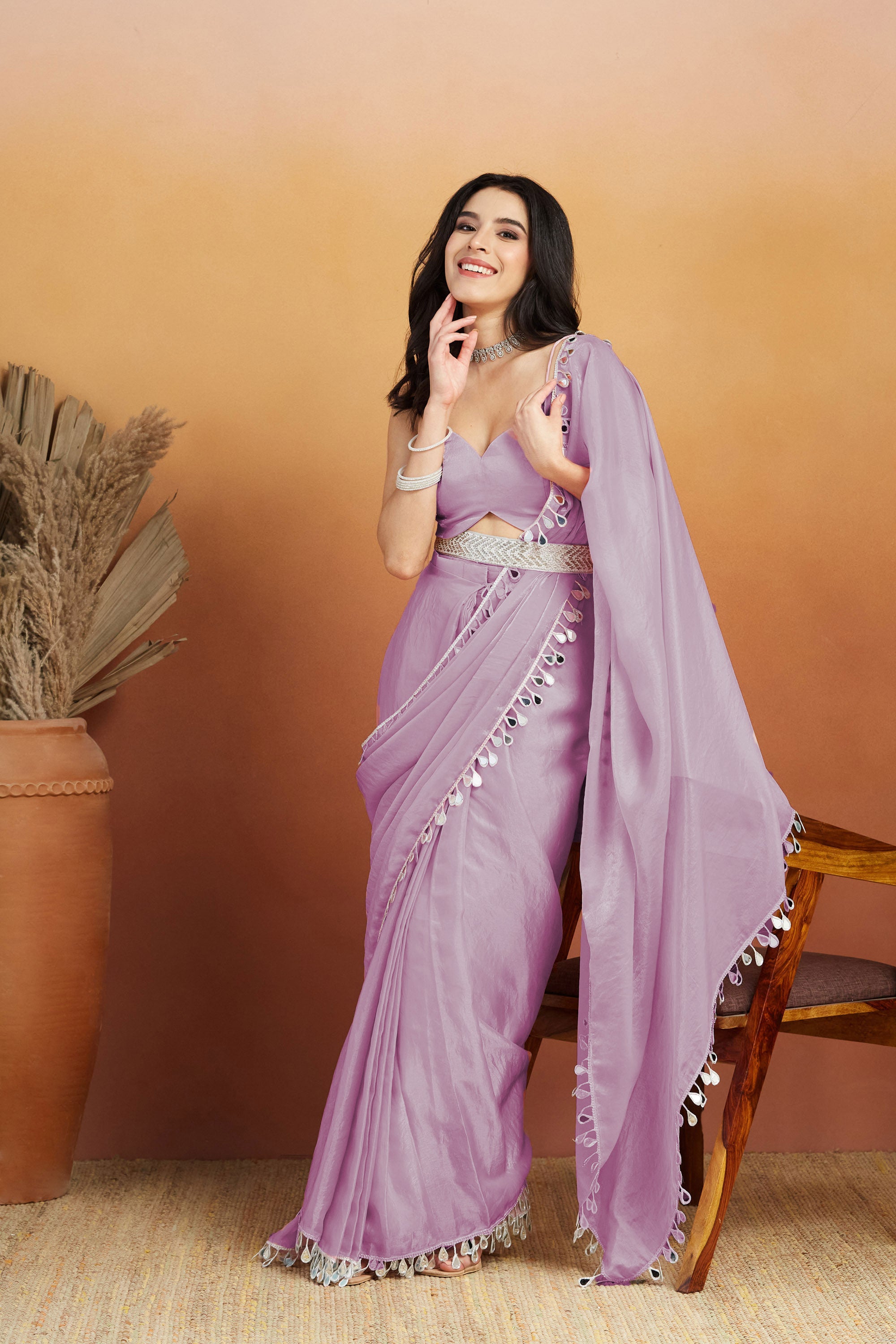 Lavender Designer Tissue Ready To Wear Saree with Mirror Work