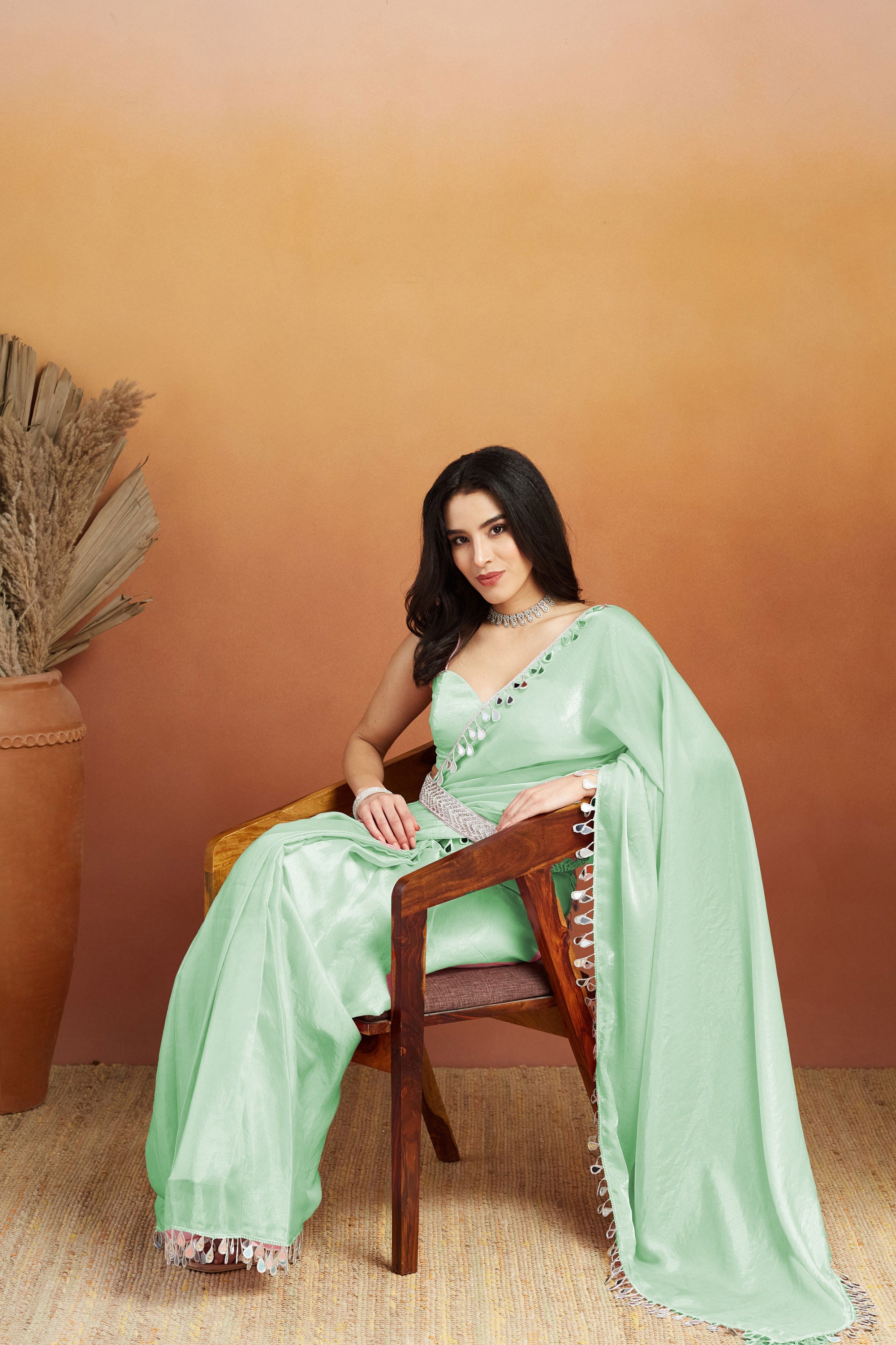 Sea Green Designer Tissue Ready To Wear Saree with Mirror Work