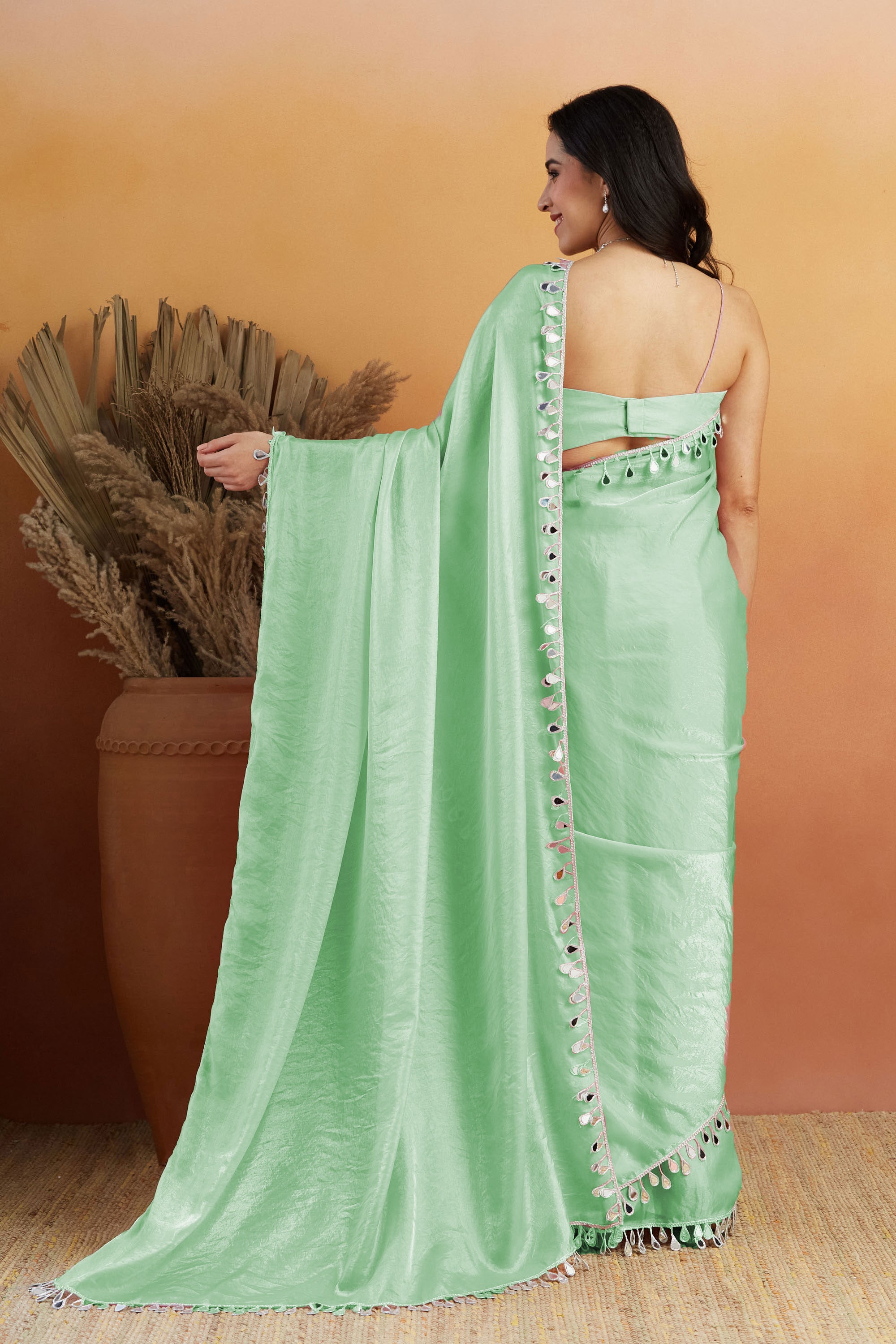Sea Green Designer Tissue Ready To Wear Saree with Mirror Work