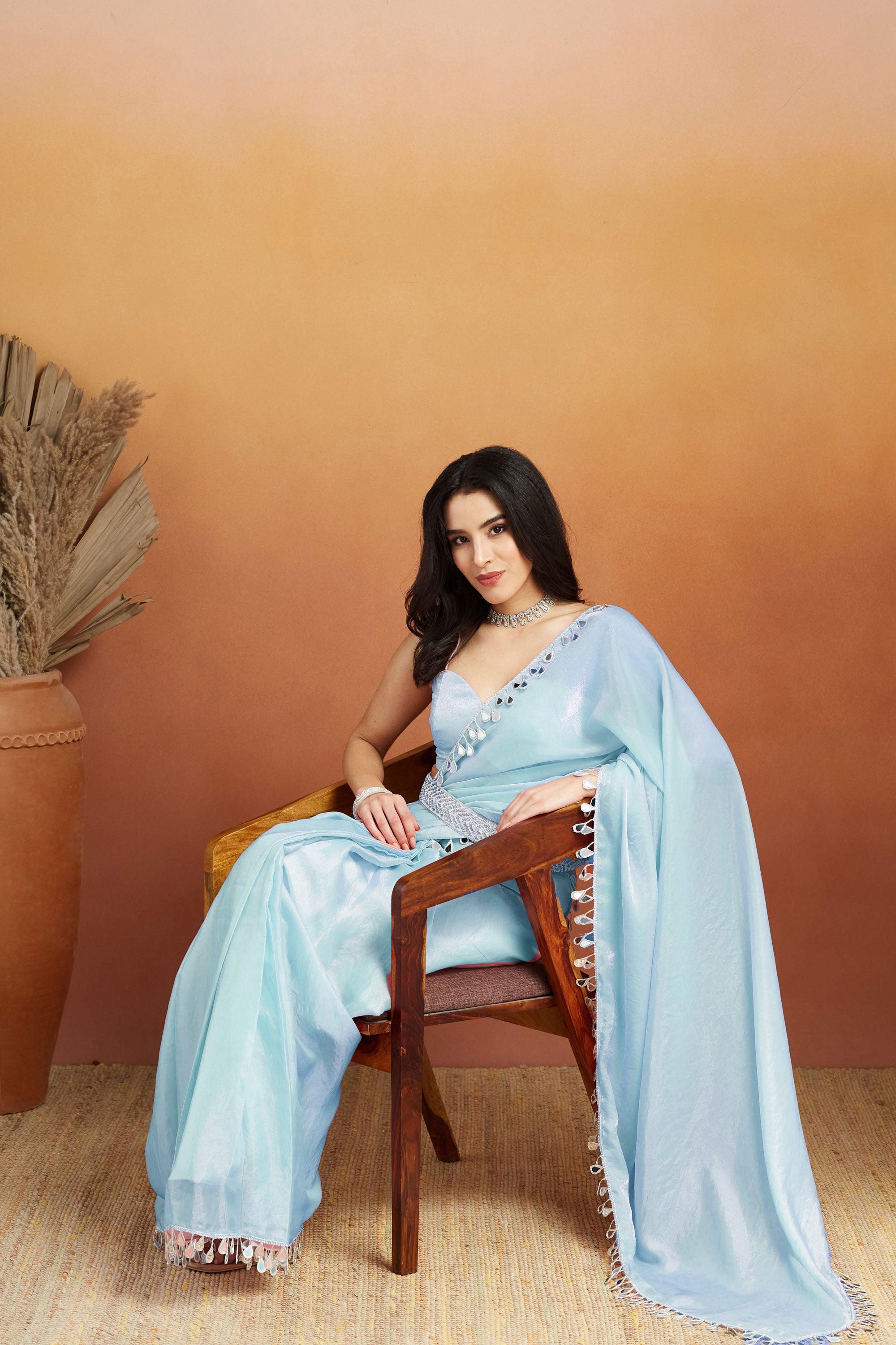 Turquoise Blue Designer Tissue Ready To Wear Saree with Mirror Work