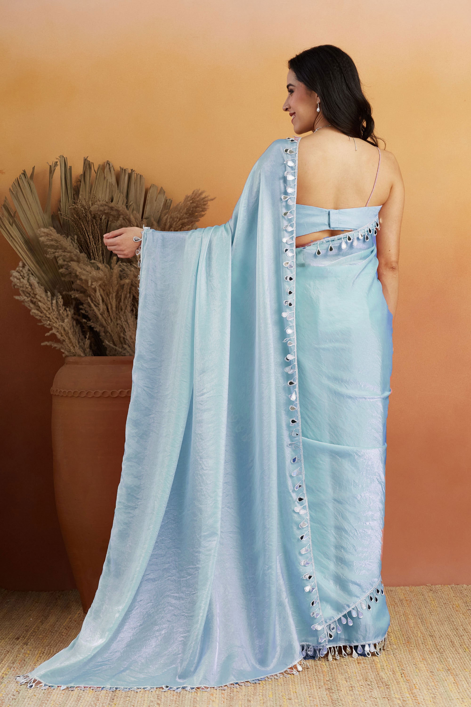 Turquoise Blue Designer Tissue Ready To Wear Saree with Mirror Work
