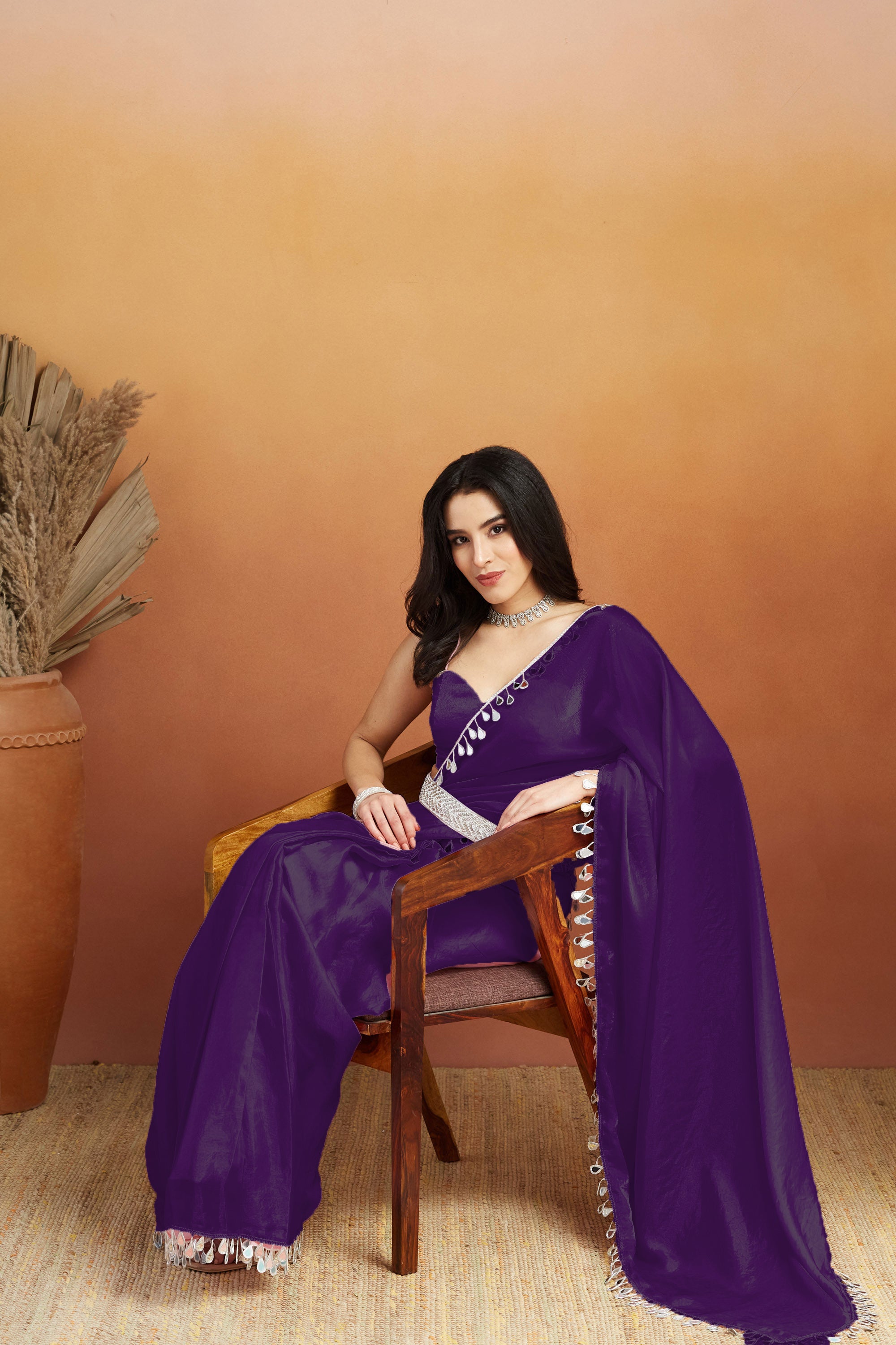 Purple Designer Tissue Ready To Wear Saree with Mirror Work