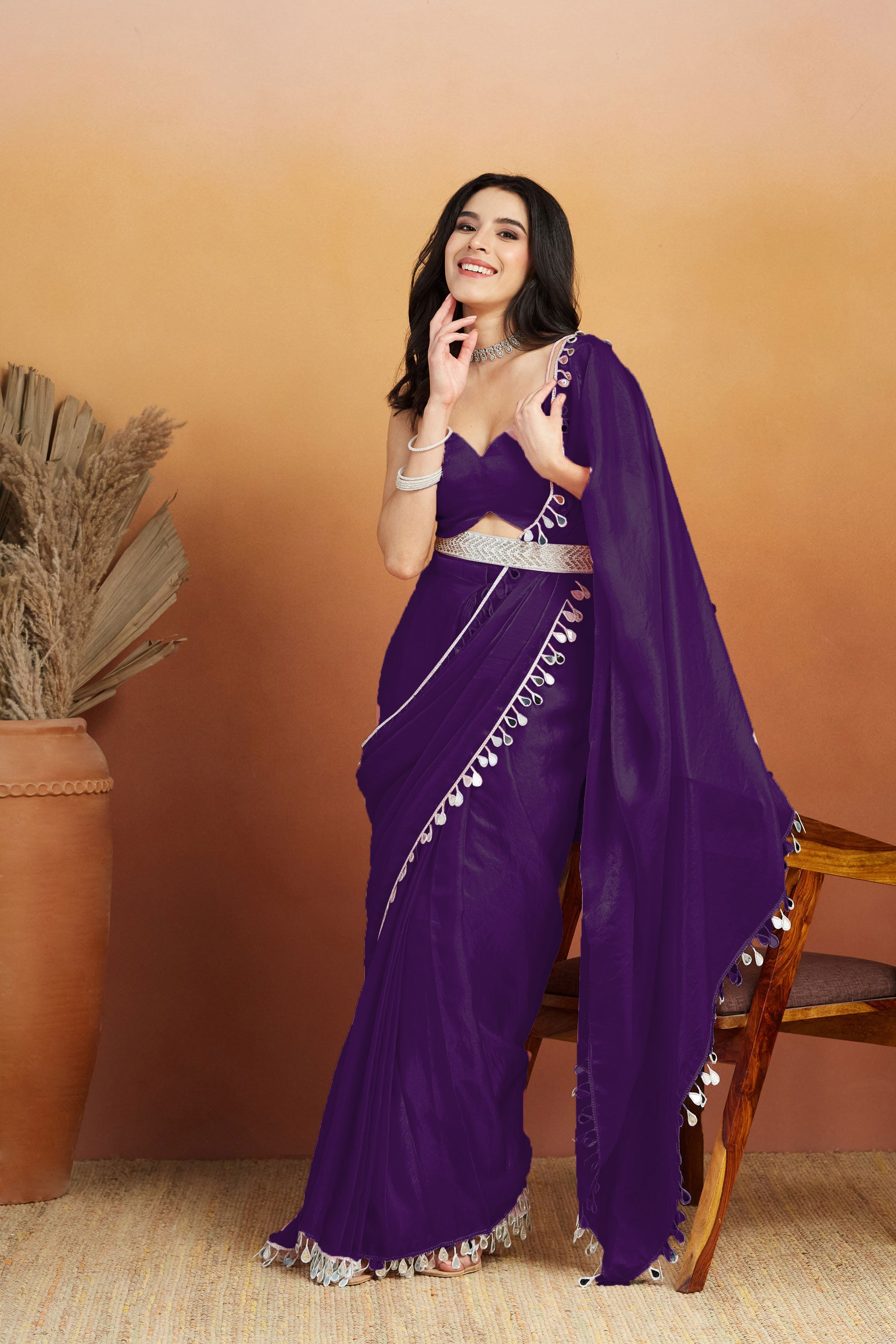 Purple Designer Tissue Ready To Wear Saree with Mirror Work