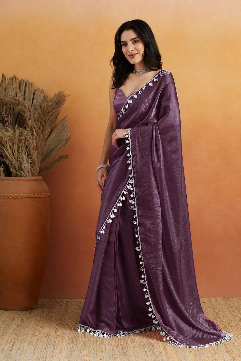Purple Designer Organza Ready To Wear Saree with Mirror Work