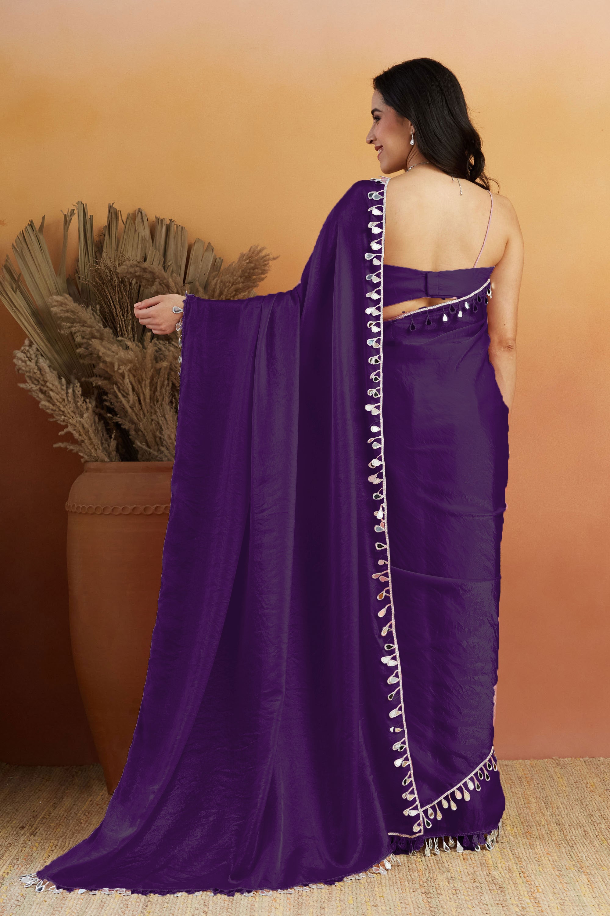 Purple Designer Tissue Ready To Wear Saree with Mirror Work