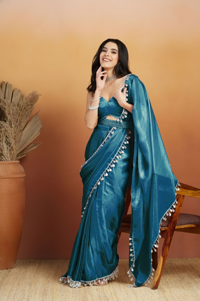 Teal Designer Tissue Ready To Wear Saree