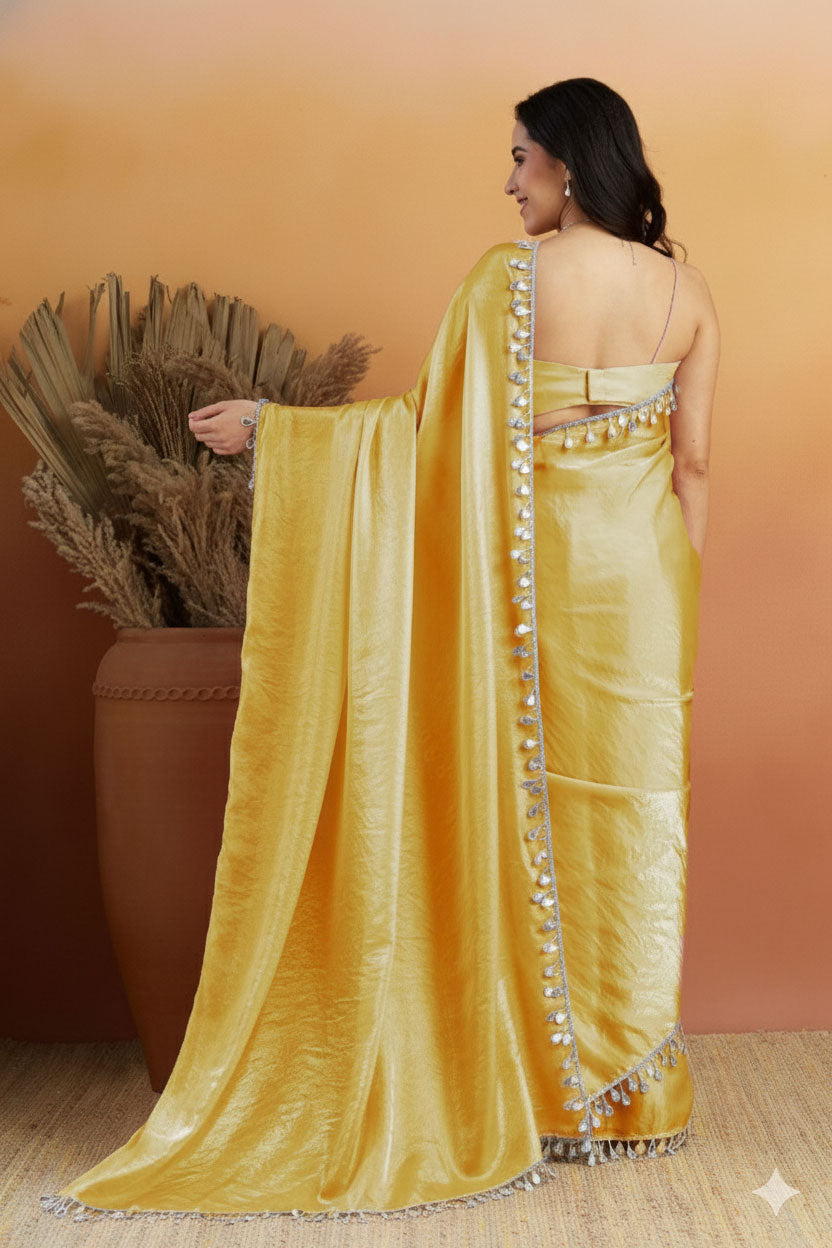 Yellow Designer Tissue Ready To Wear Saree with Sequins Work
