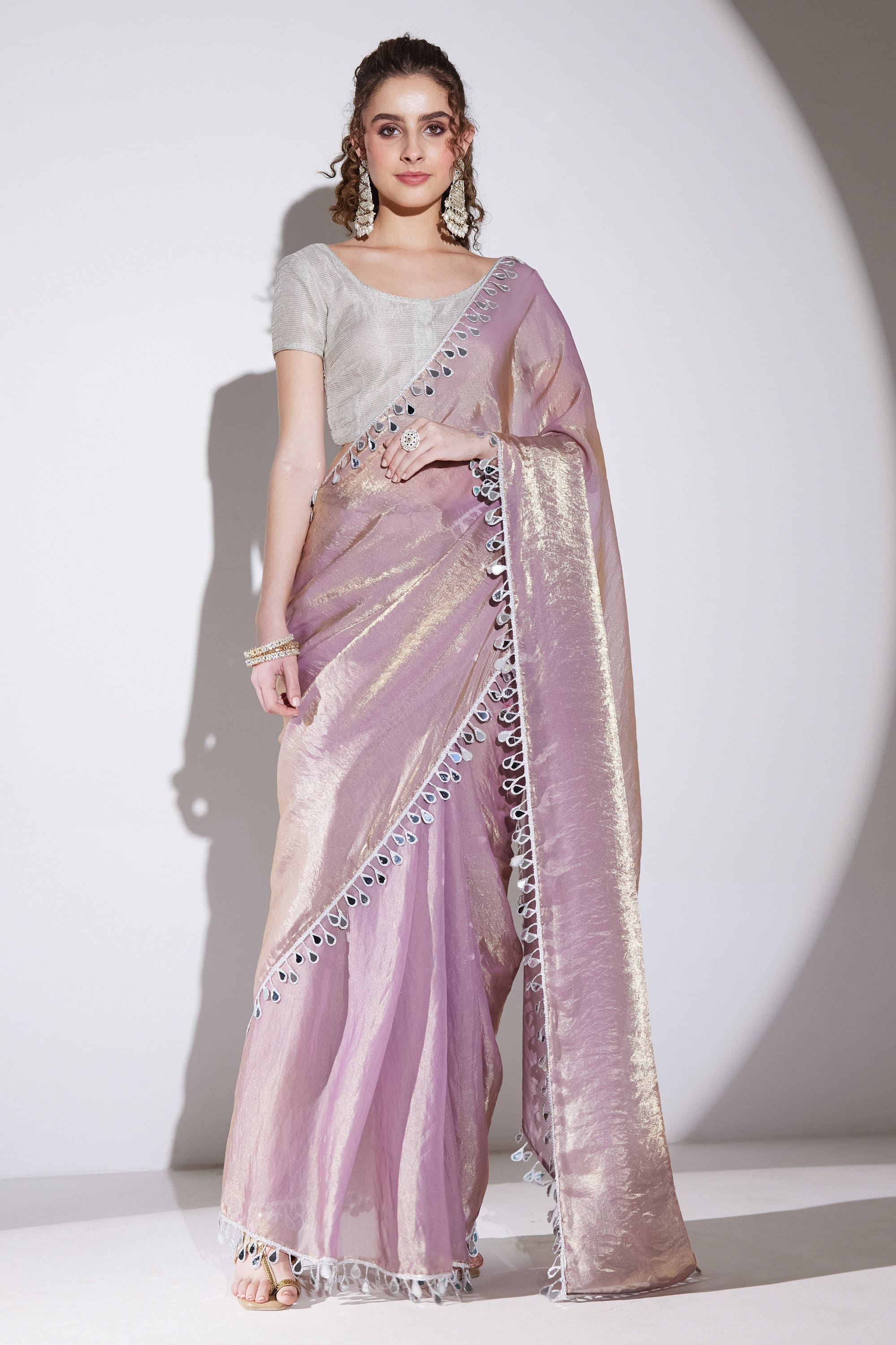 Pink Designer Silk Blend Ready To Wear Saree with Mirror Work