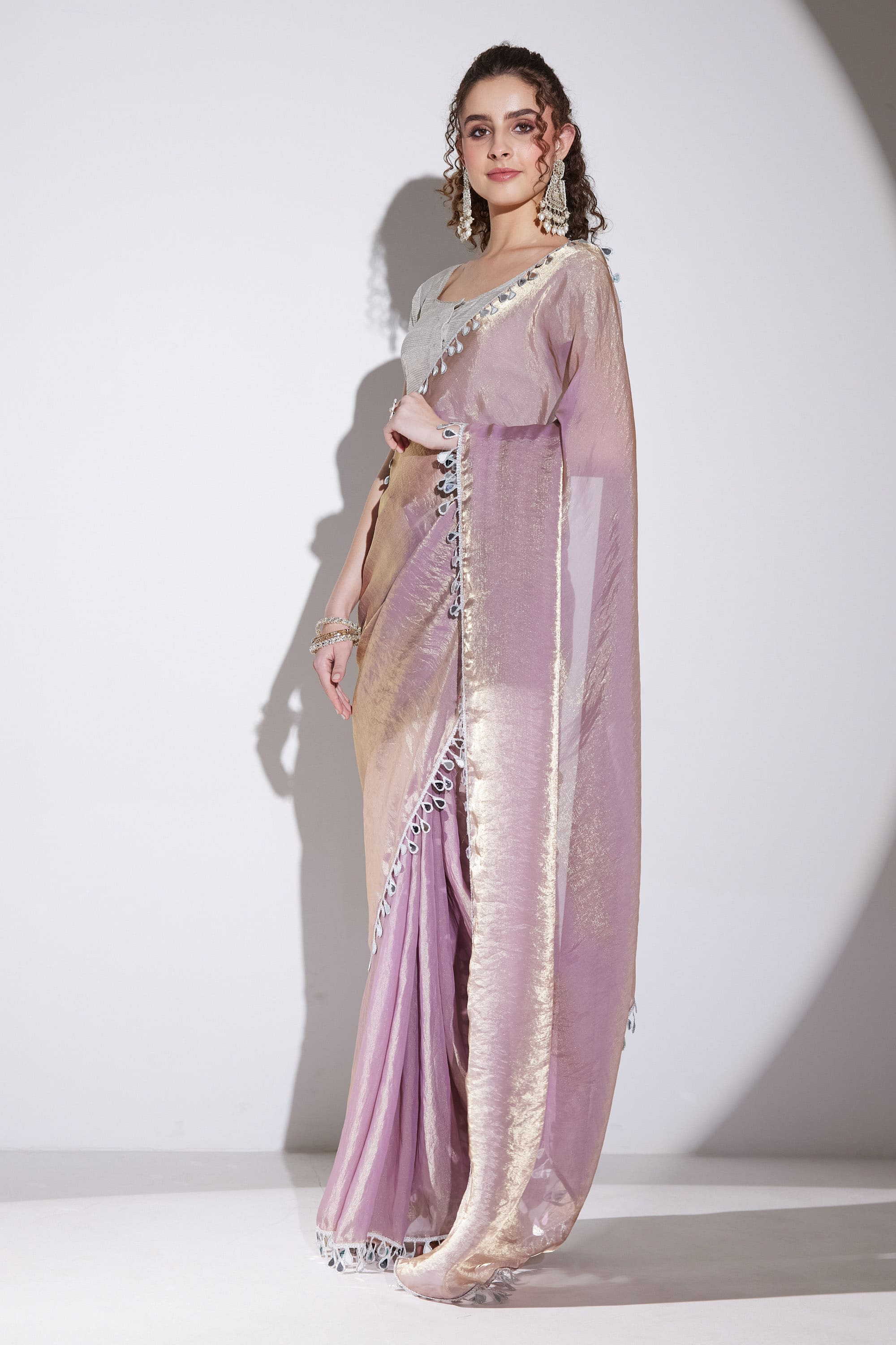 Pink Designer Silk Blend Ready To Wear Saree with Mirror Work