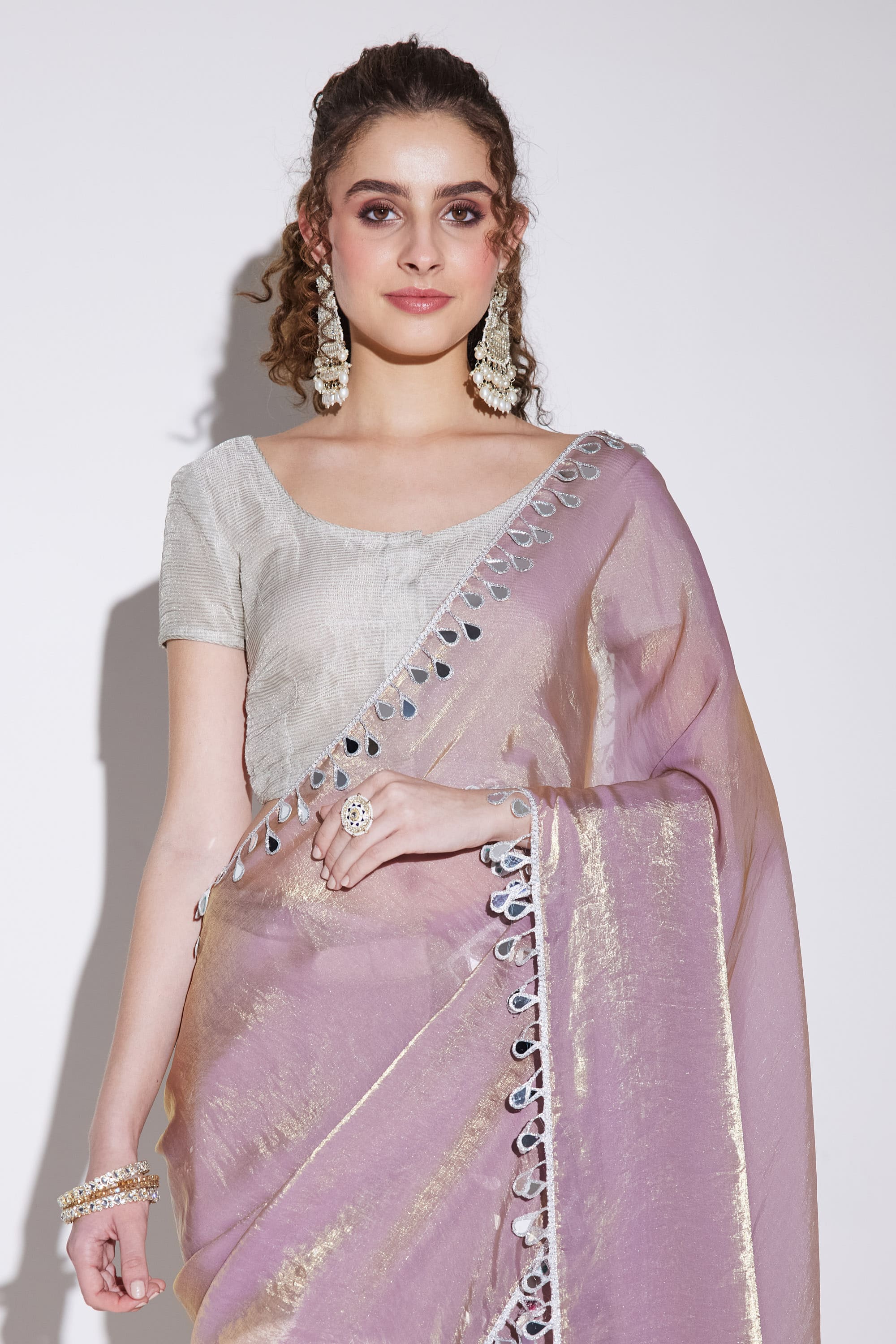 Pink Designer Silk Blend Ready To Wear Saree with Mirror Work