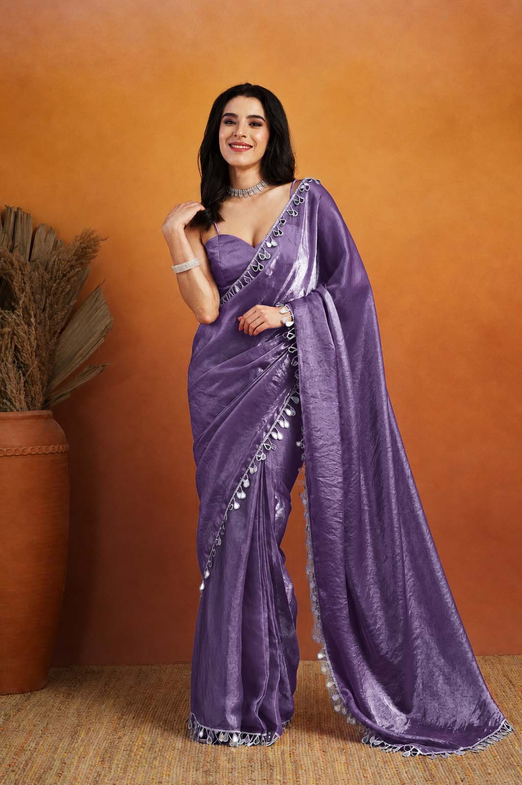 Lavender Designer Organza Ready To Wear Saree with Mirror Work