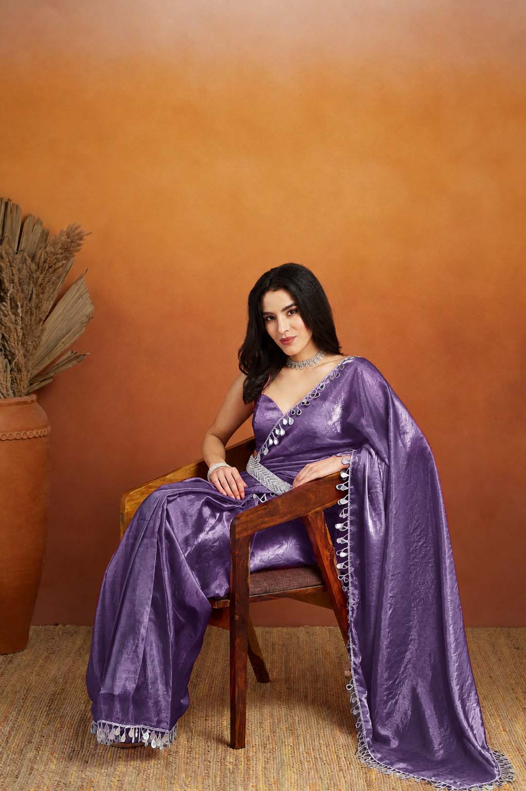 Lavender Designer Organza Ready To Wear Saree with Mirror Work
