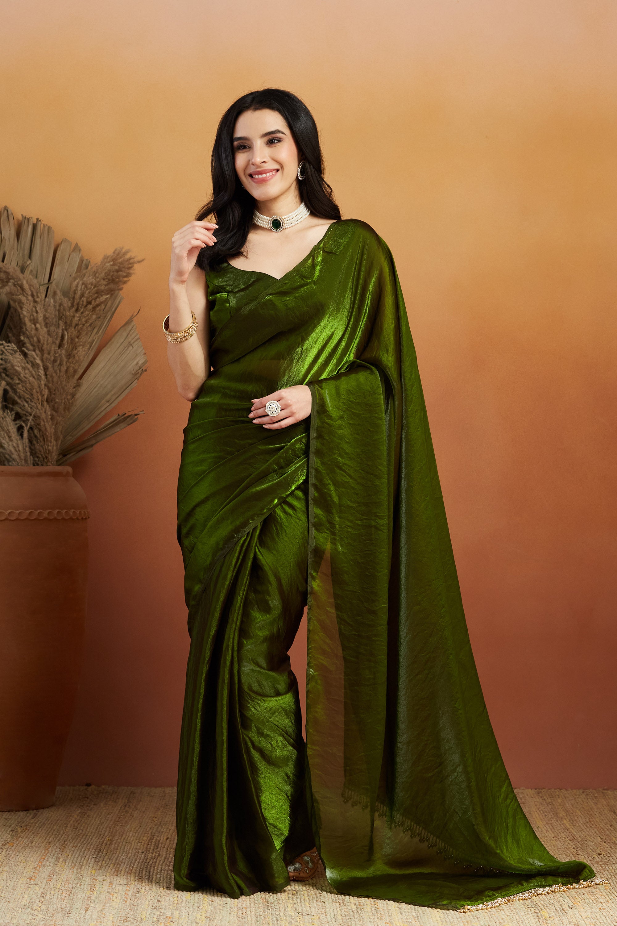 Hanging Tassels Lace Work Solid Fandy Mehndi  Saree