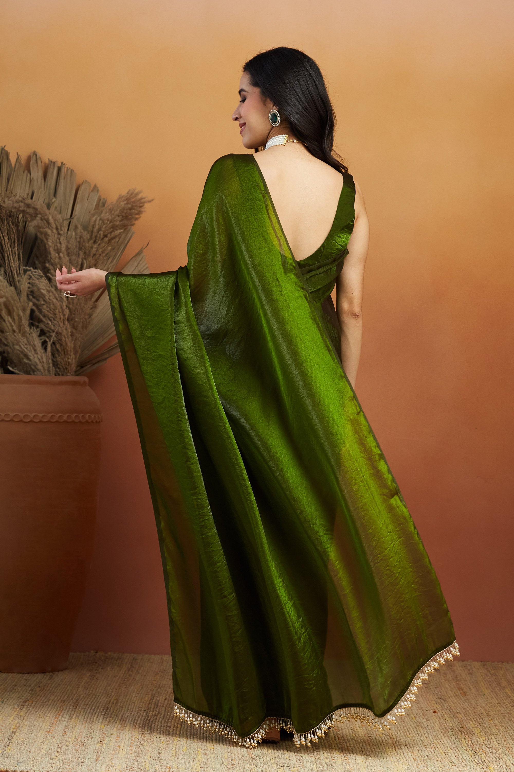 Hanging Tassels Lace Work Solid Fandy Mehndi Ready to Wear Saree