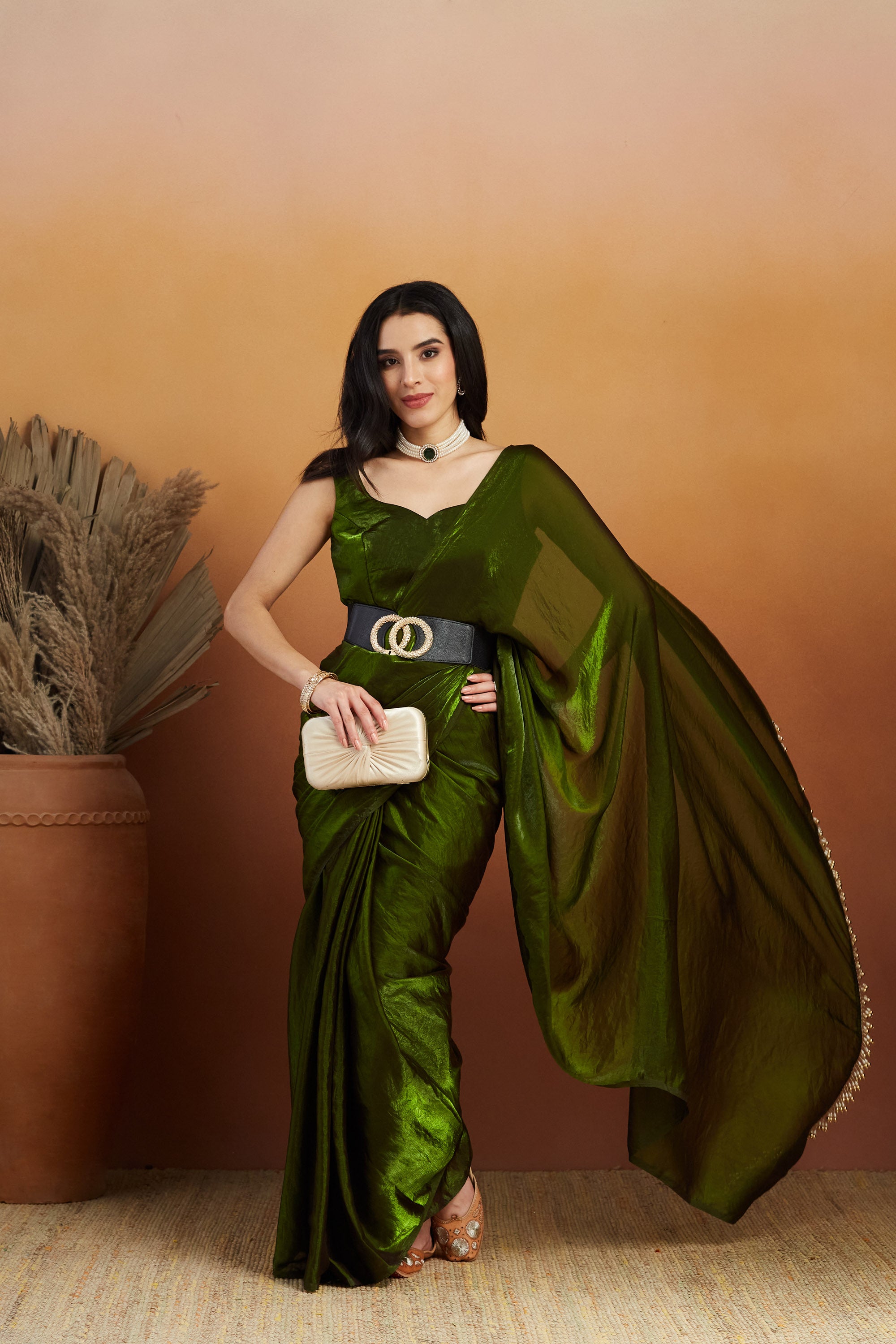 Hanging Tassels Lace Work Solid Fandy Mehndi Ready to Wear Saree