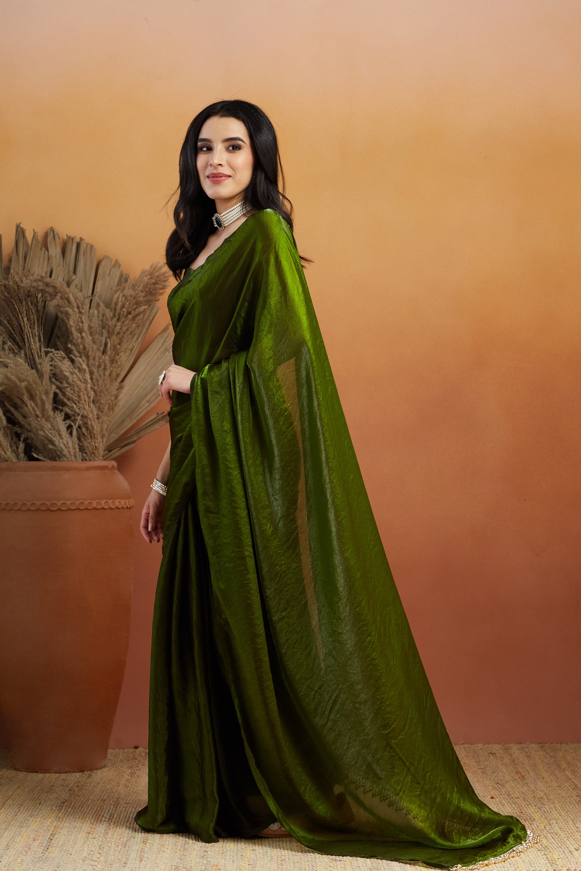 Hanging Tassels Lace Work Solid Fandy Mehndi  Saree