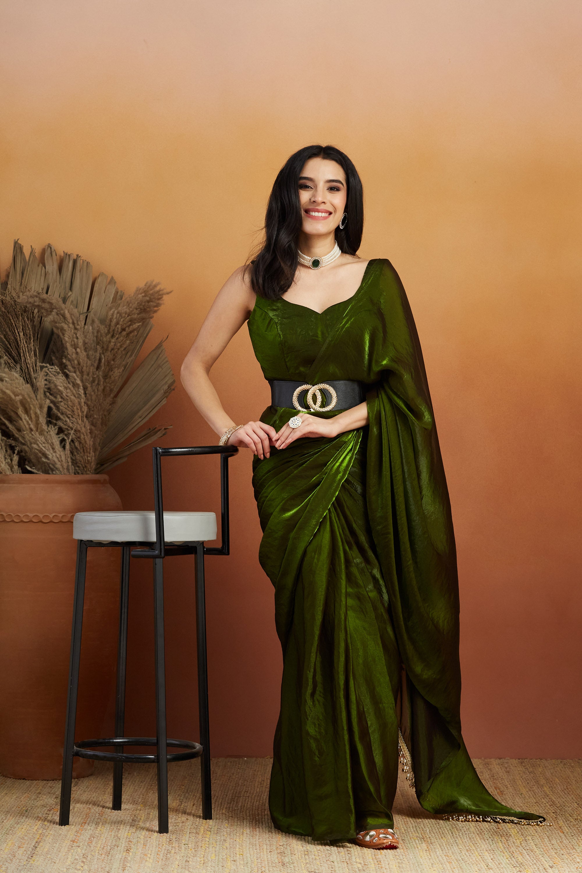 Hanging Tassels Lace Work Solid Fandy Mehndi Ready to Wear Saree