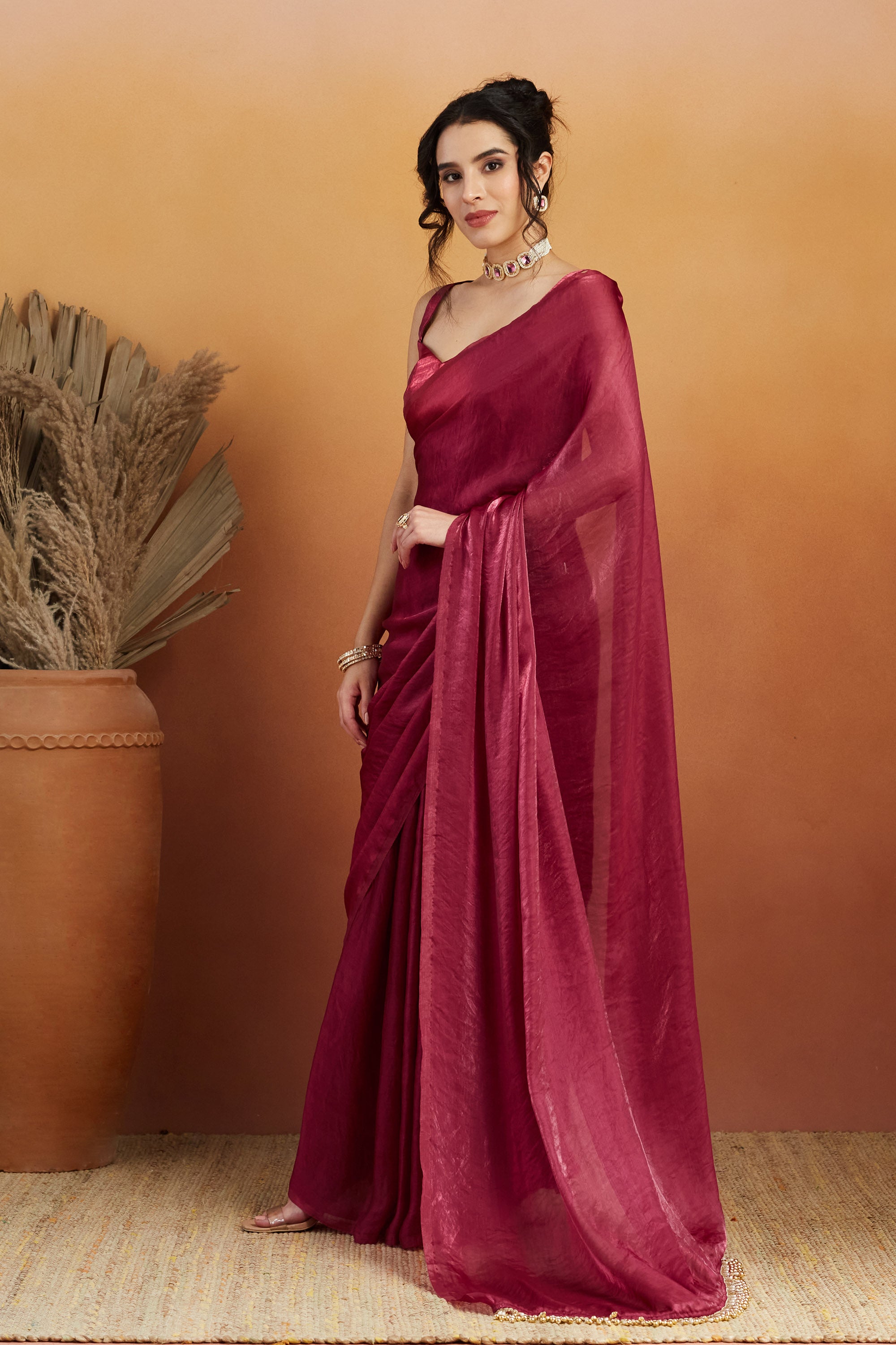 Hanging Tassels Lace Work Solid Fandy Red Saree