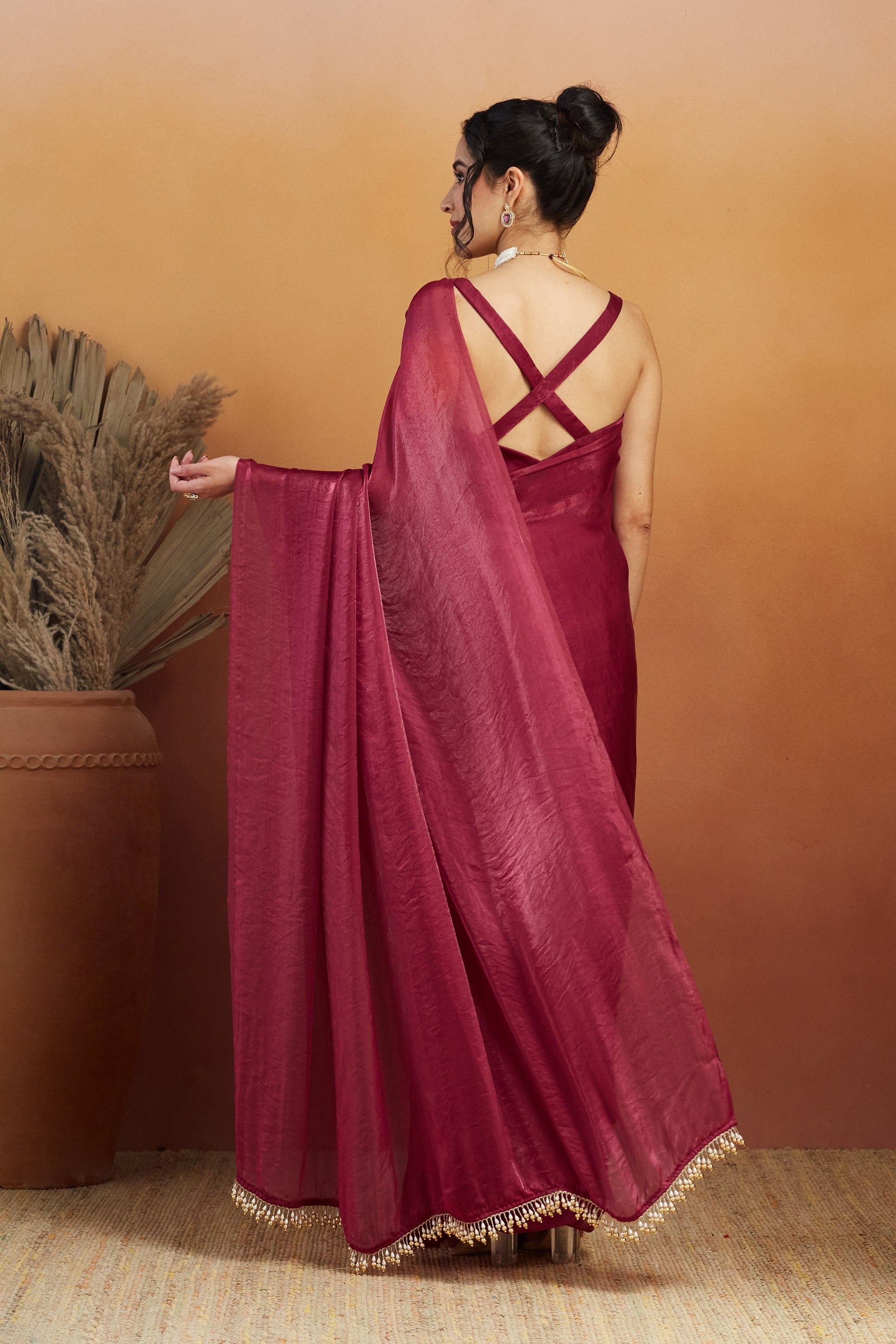 Hanging Tassels Lace Work Solid Fandy Red Saree