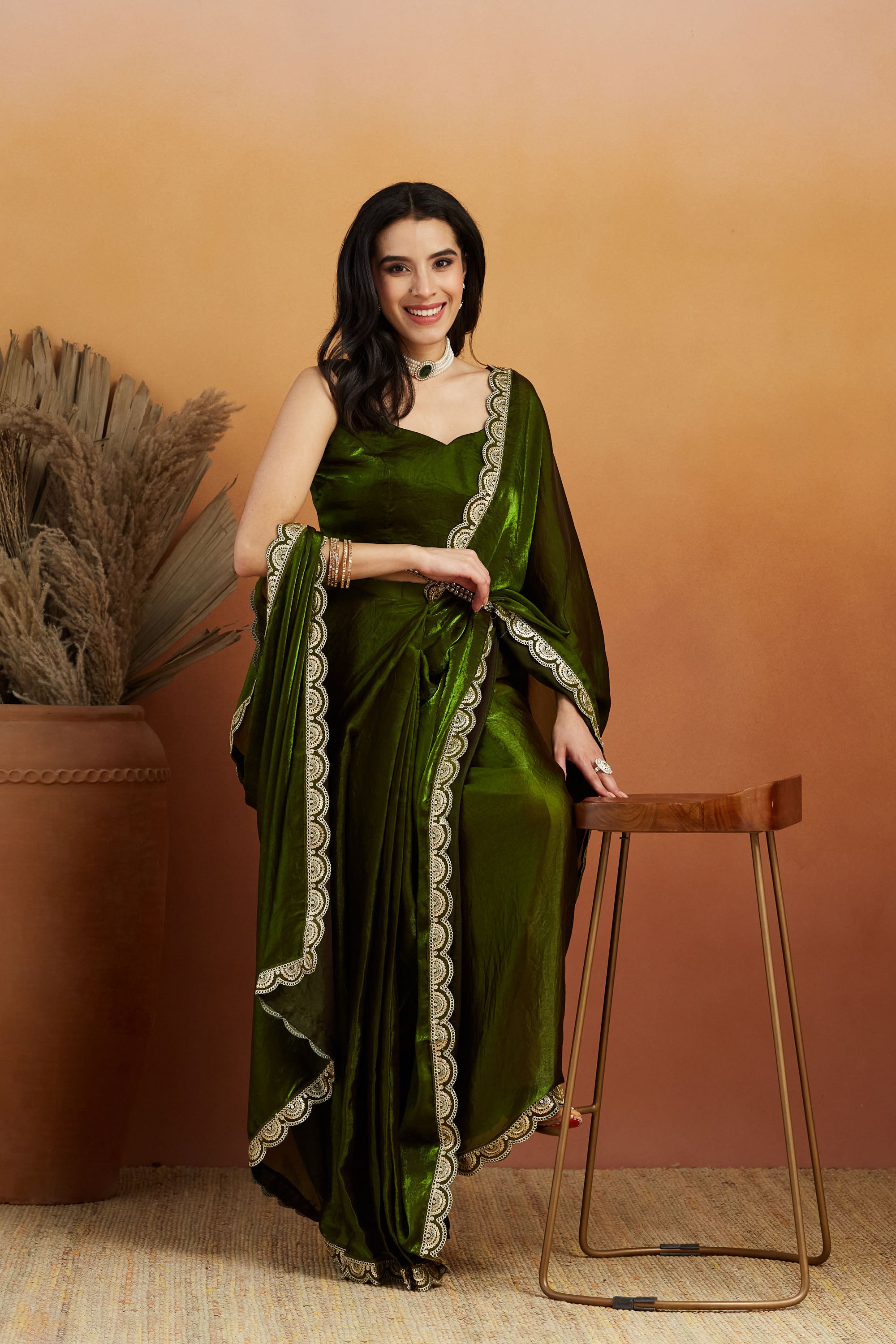 Gota Stone Tassels Fandy Mehendi Glass Tissue Silk  Saree