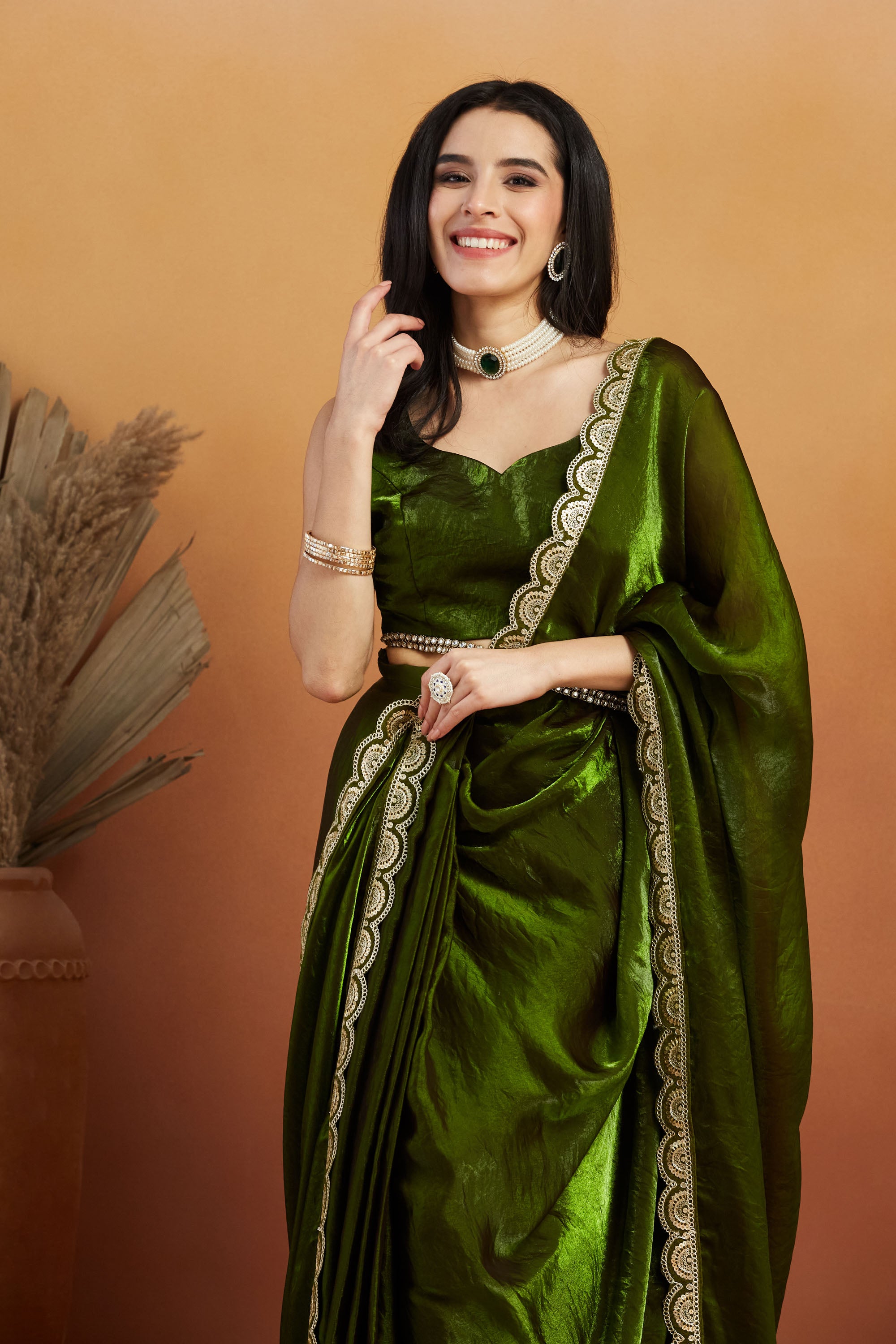 Gota Stone Tassels Fandy Mehendi Glass Tissue Silk Ready to Wear Saree