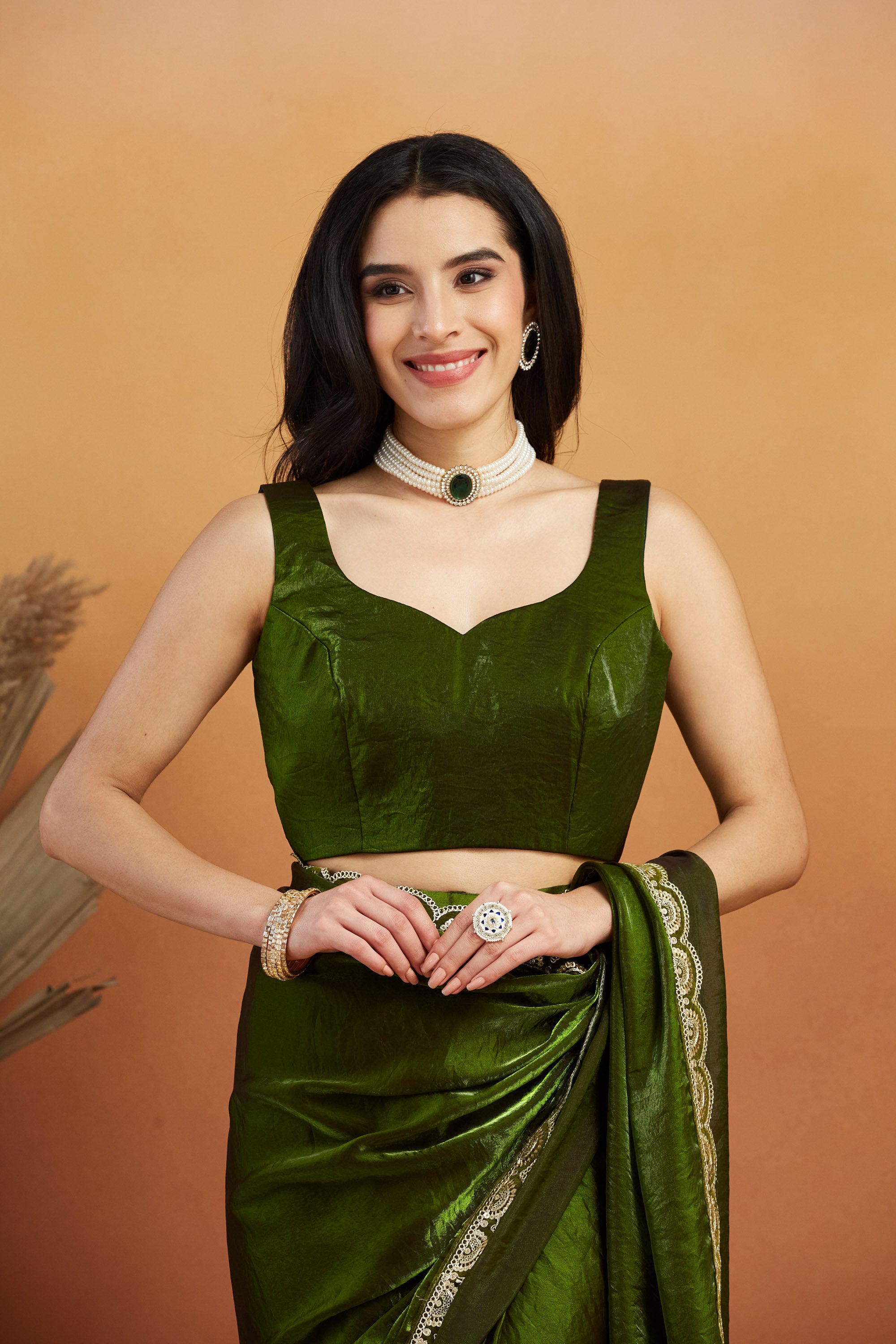 Gota Stone Tassels Fandy Mehendi Glass Tissue Silk Ready to Wear Saree