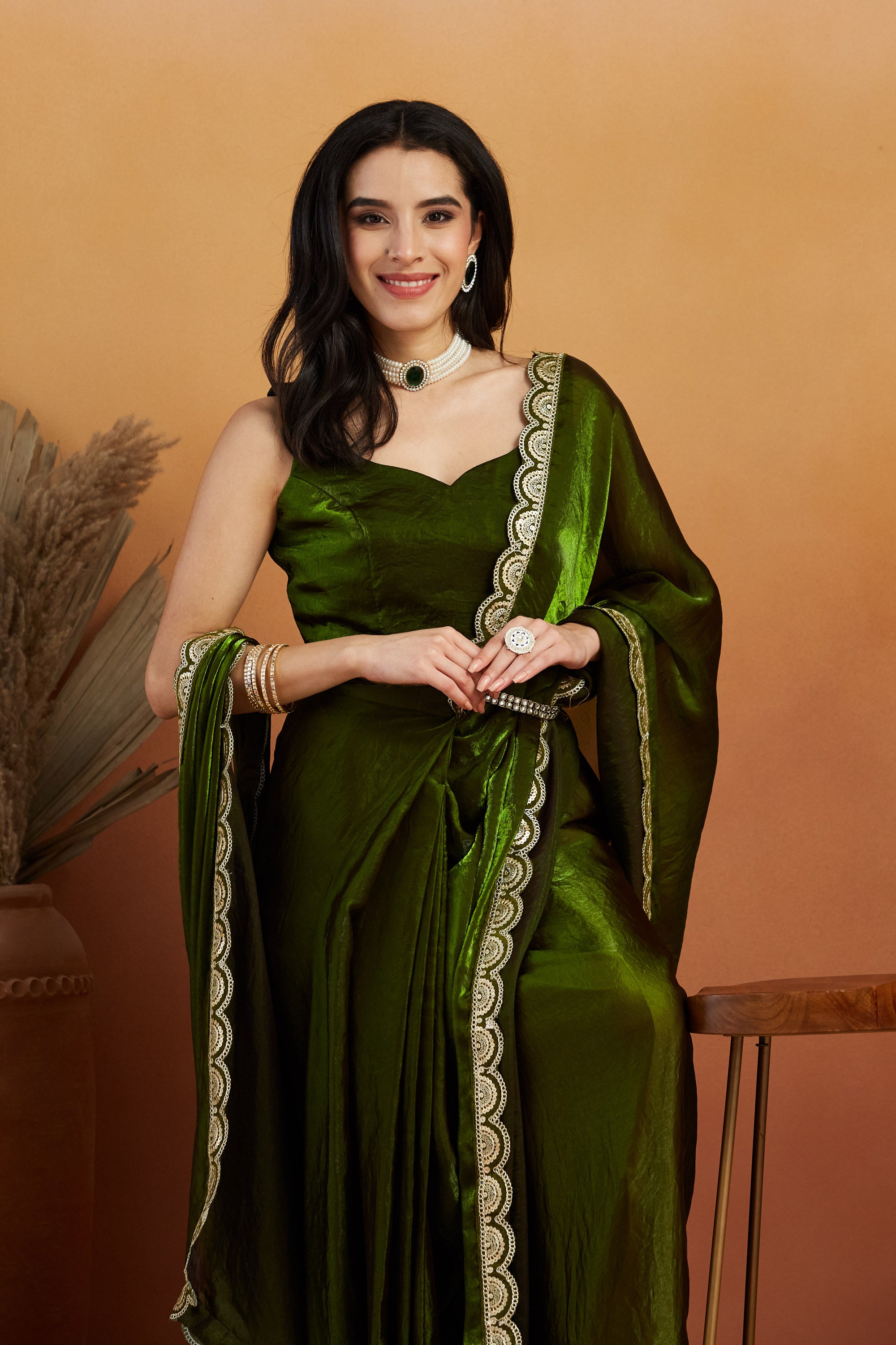 Gota Stone Tassels Fandy Mehendi Glass Tissue Silk Ready to Wear Saree