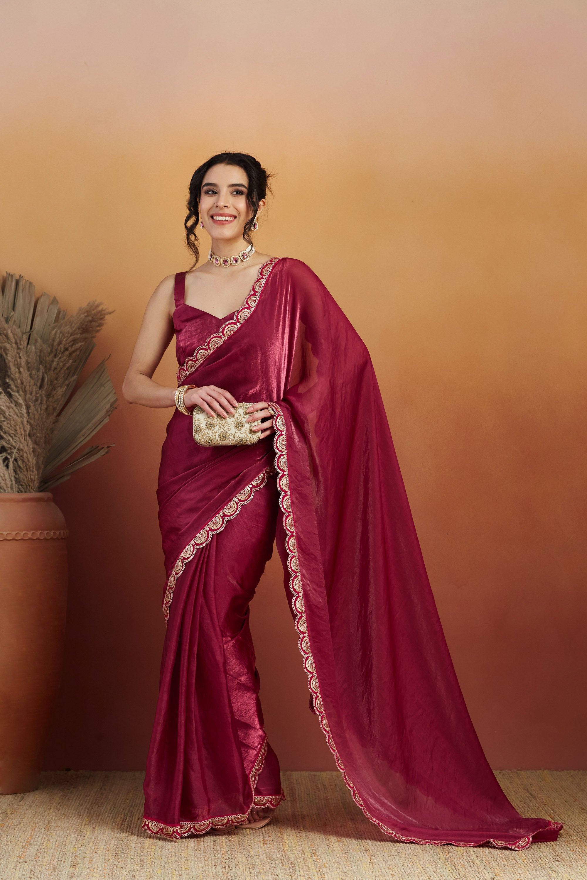 Gota Stone Tassels Fandy Red Glass Tissue Silk  Saree
