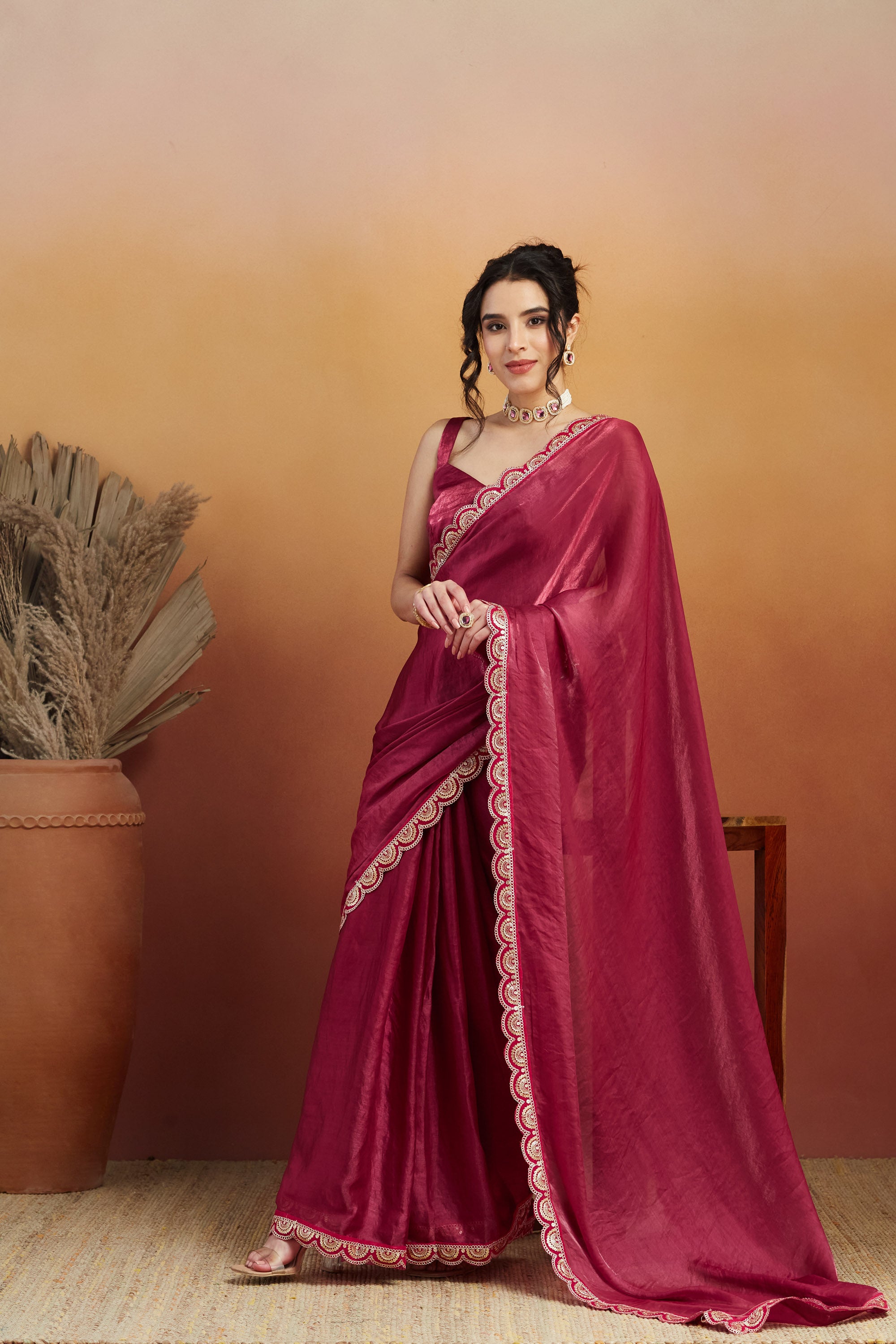 Gota Stone Tassels Fandy Red Glass Tissue Silk Ready to Wear Saree