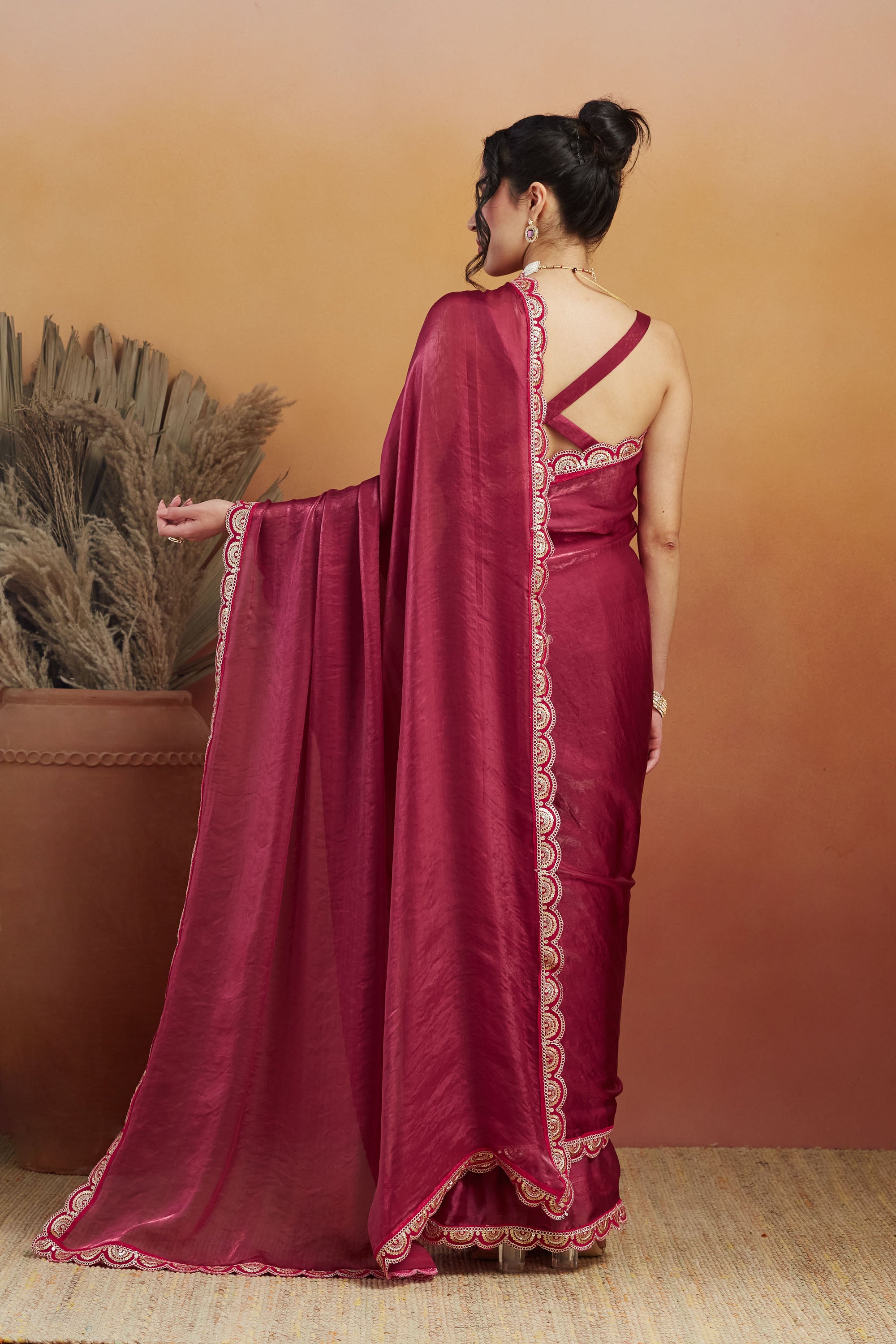 Gota Stone Tassels Fandy Red Glass Tissue Silk Ready to Wear Saree